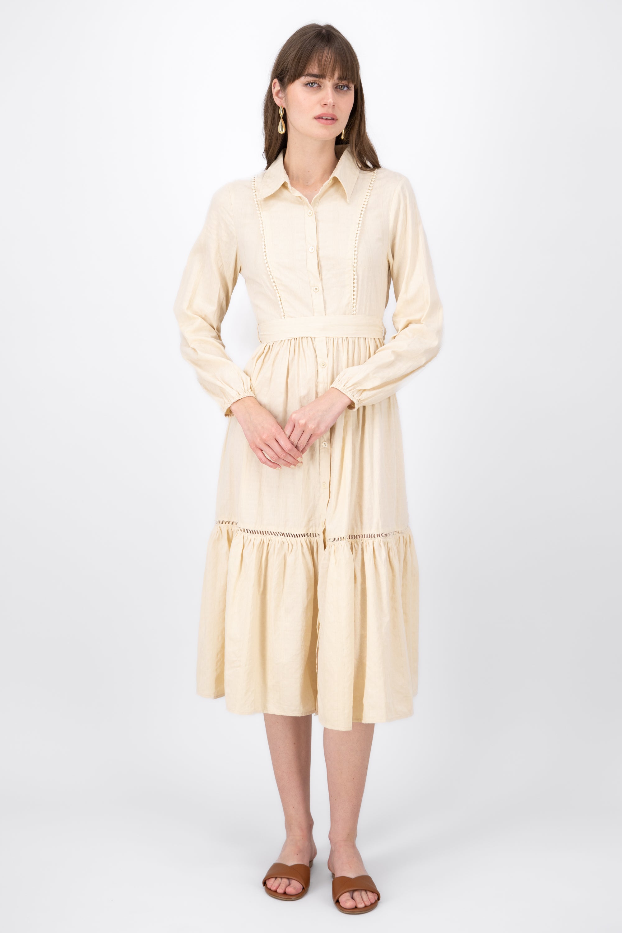 Midi VintageLike Puff Long Sleeve Dress BEIGE