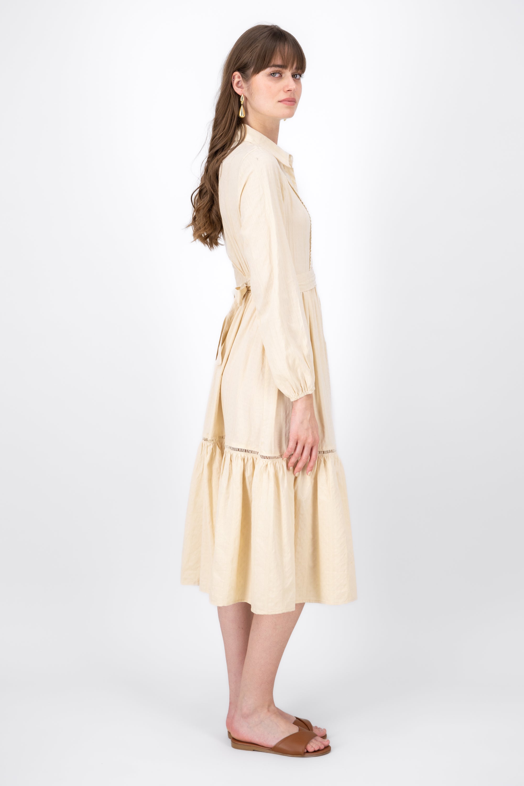 Midi VintageLike Puff Long Sleeve Dress BEIGE