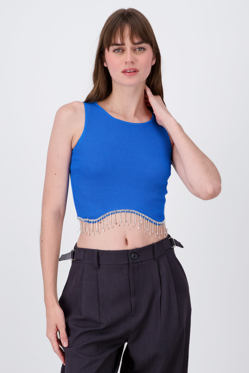 Short Sleeve Rhinestone Hemline Crop Top BLUE