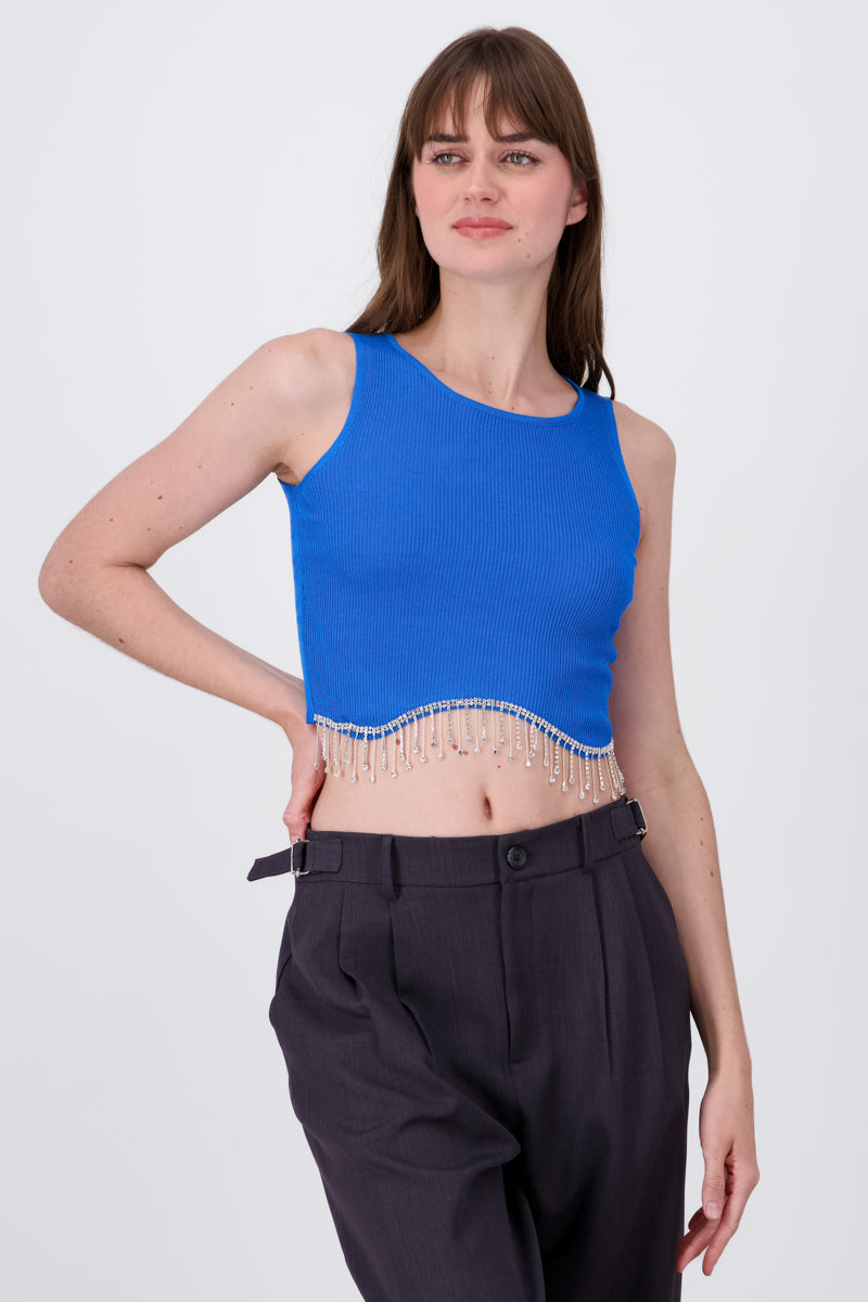 Short Sleeve Rhinestone Hemline Crop Top BLUE