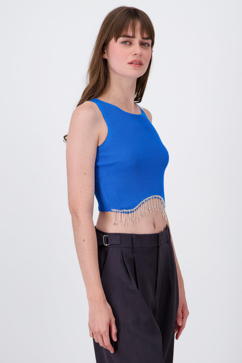 Short Sleeve Rhinestone Hemline Crop Top BLUE