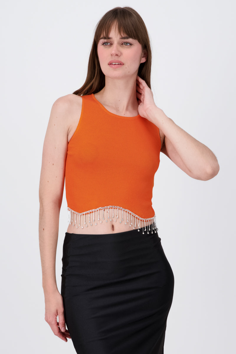 Short Sleeve Rhinestone Hemline Crop Top ORANGE