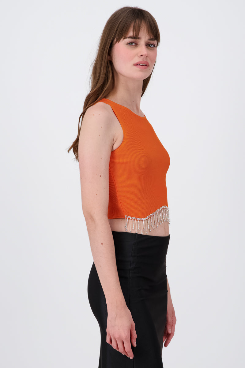 Short Sleeve Rhinestone Hemline Crop Top ORANGE