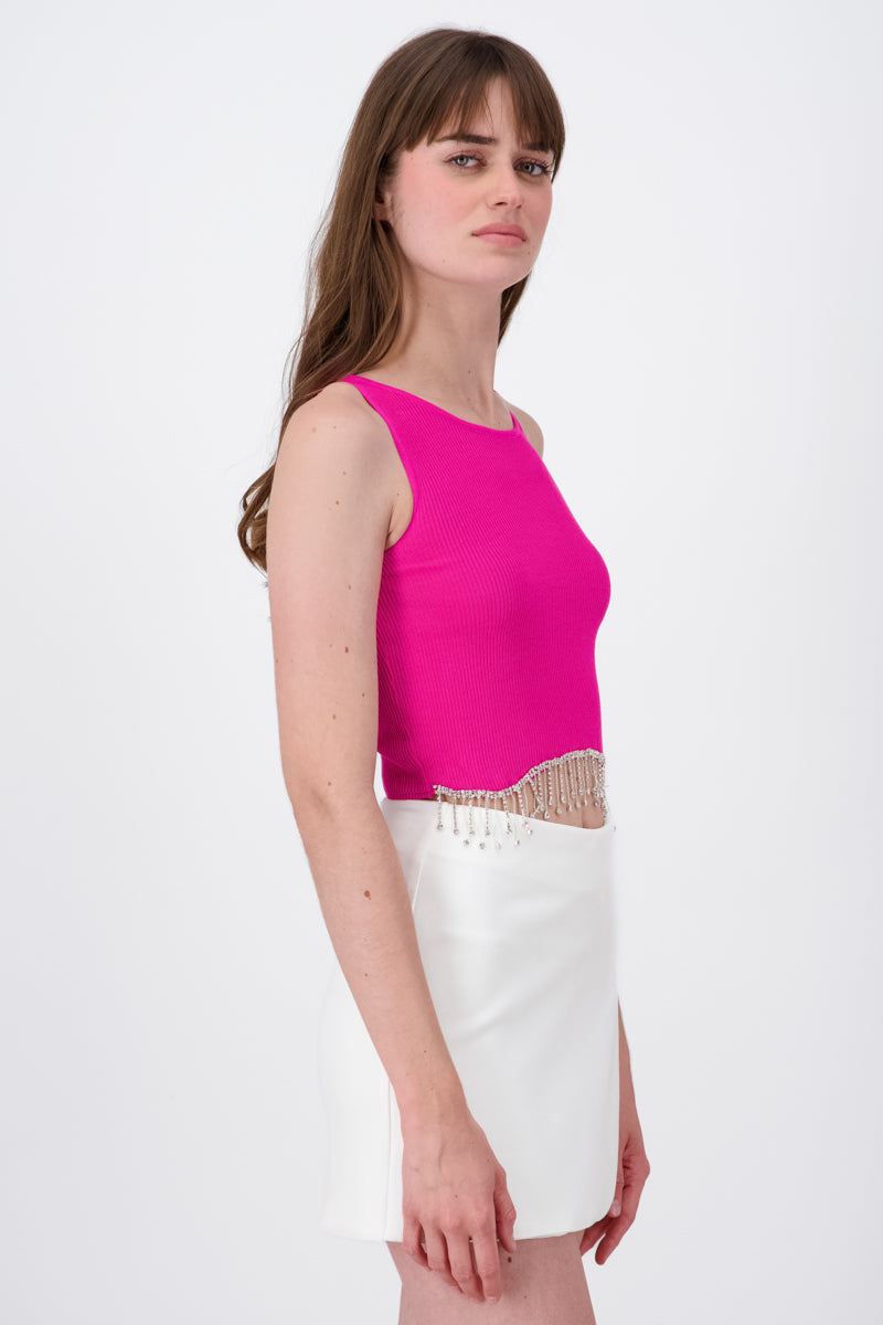 Short Sleeve Rhinestone Hemline Crop Top FUCHSIA