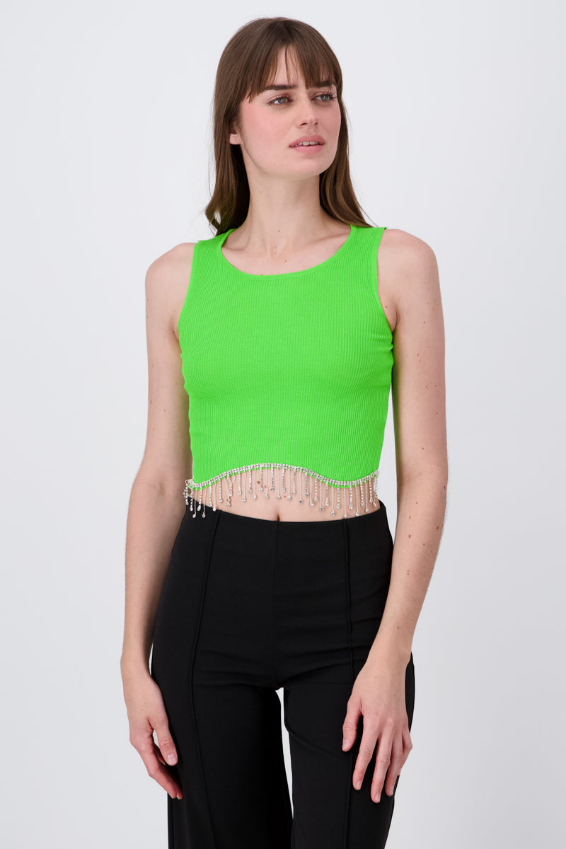 Short Sleeve Rhinestone Hemline Crop Top GREEN