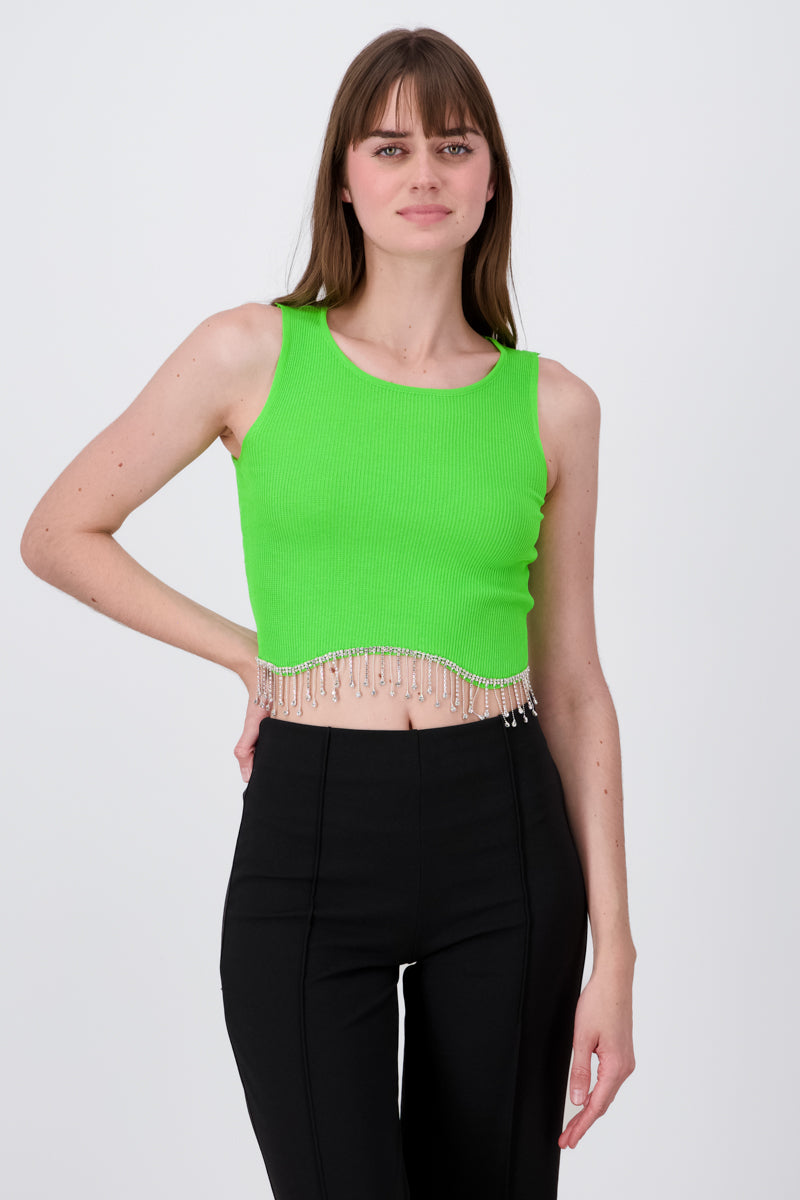 Short Sleeve Rhinestone Hemline Crop Top GREEN