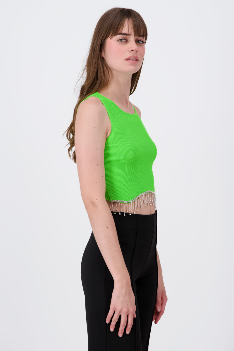 Short Sleeve Rhinestone Hemline Crop Top GREEN