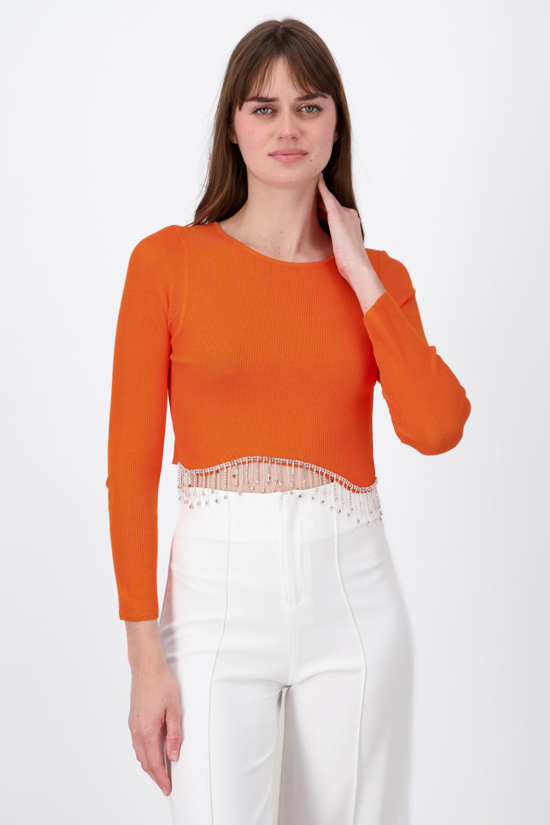 Long Sleeve Rhinestone Hemline Crop Top ORANGE