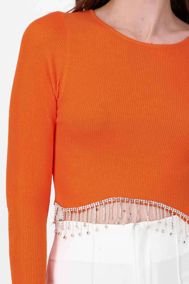 Long Sleeve Rhinestone Hemline Crop Top ORANGE