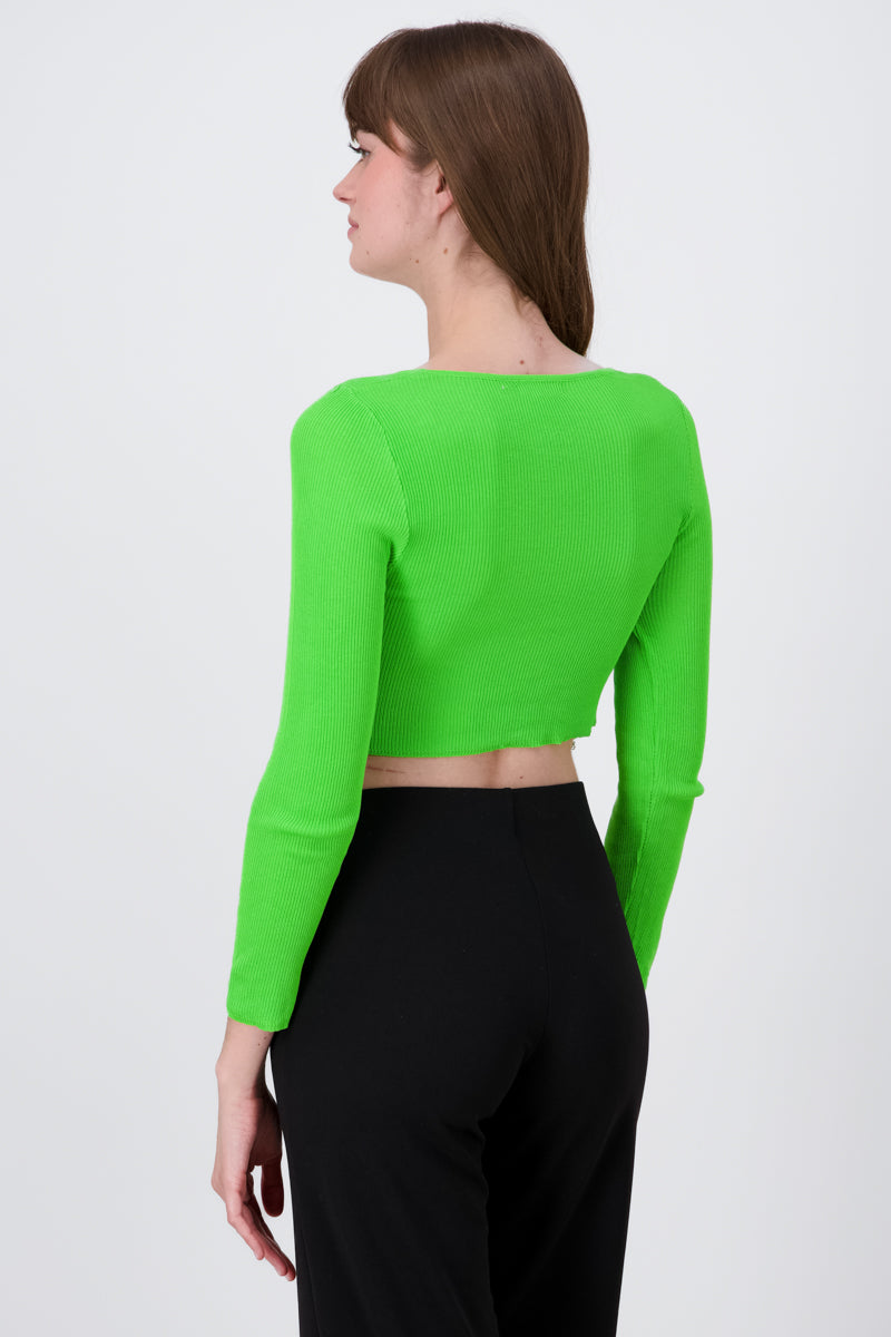 Long Sleeve Rhinestone Hemline Crop Top GREEN