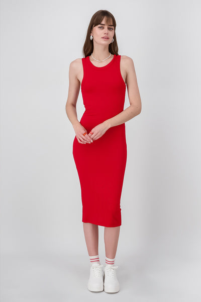 Sleeveless Round Neck Basic Bodycon Maxi Dress RED