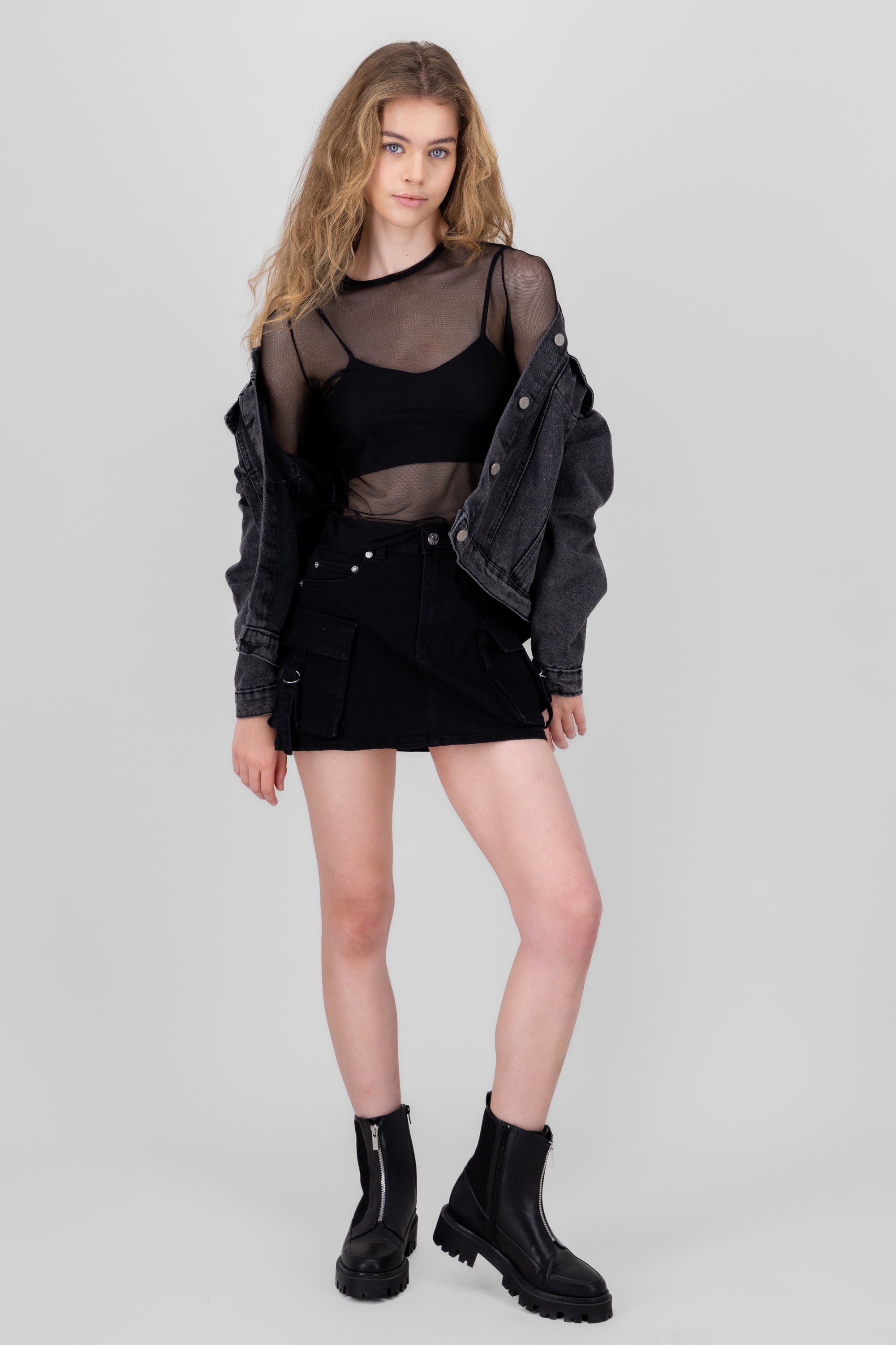 Cargo Denim Skirt With Straps Detail BLACK