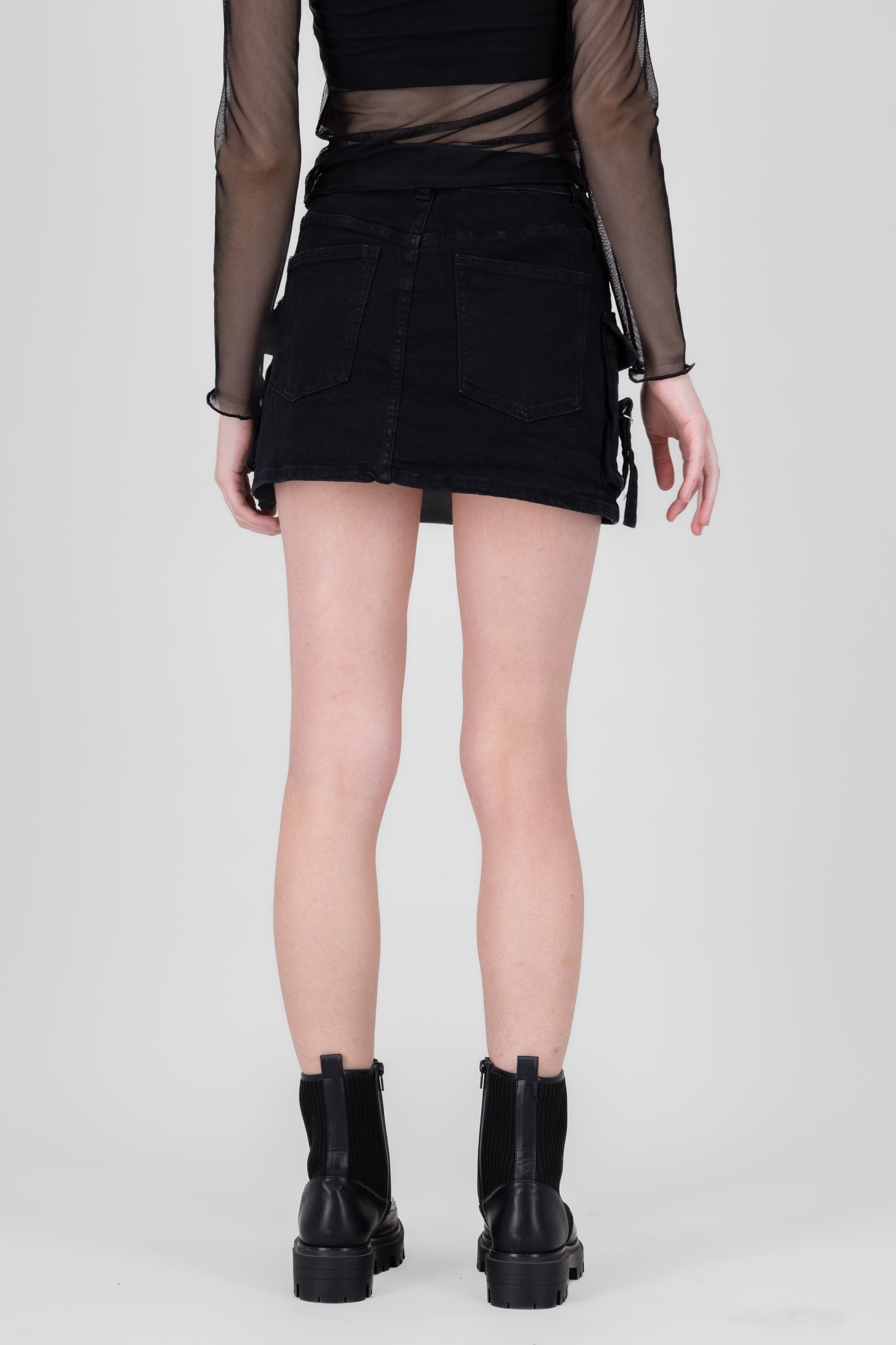 Cargo Denim Skirt With Straps Detail BLACK