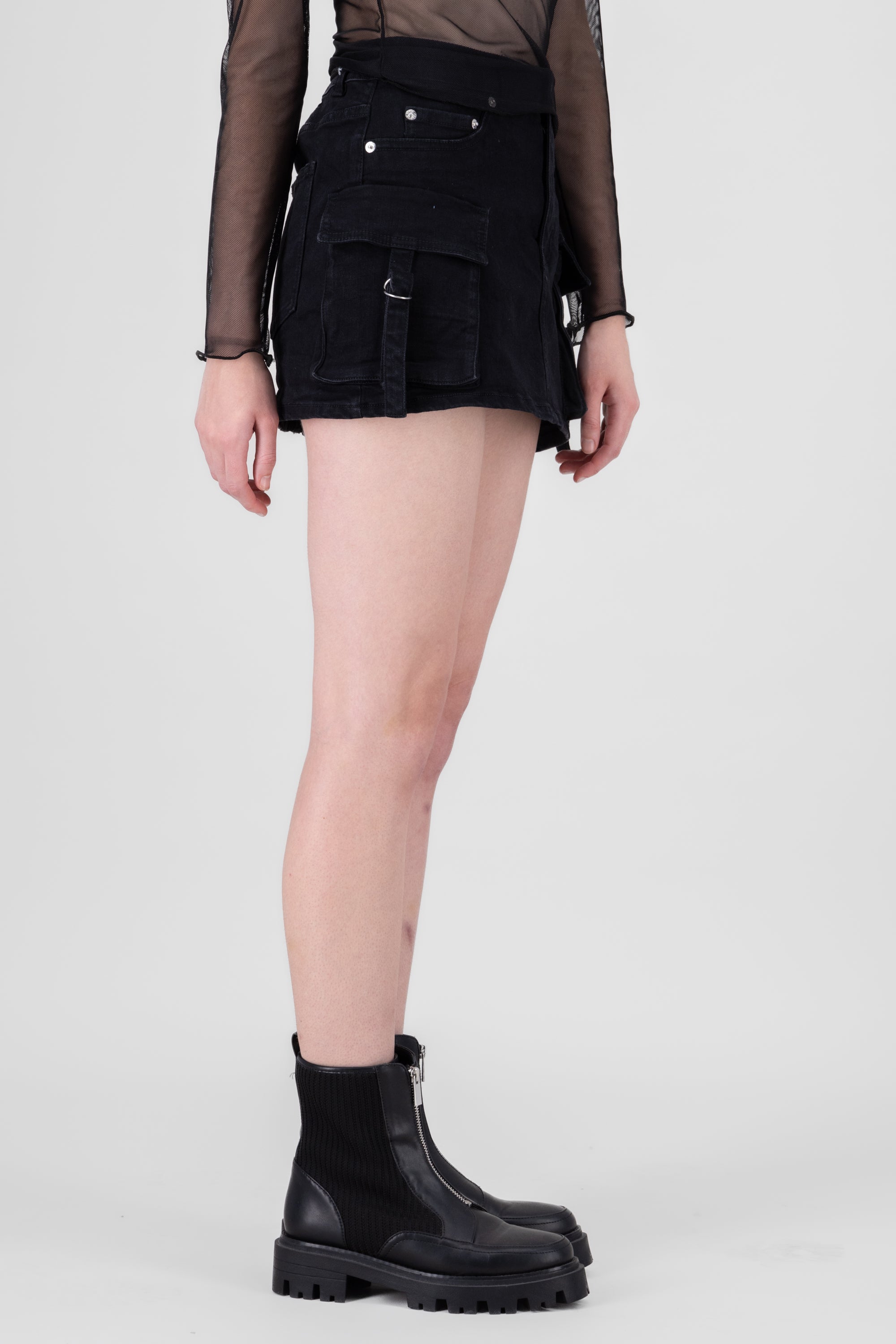 Cargo Denim Skirt With Straps Detail BLACK