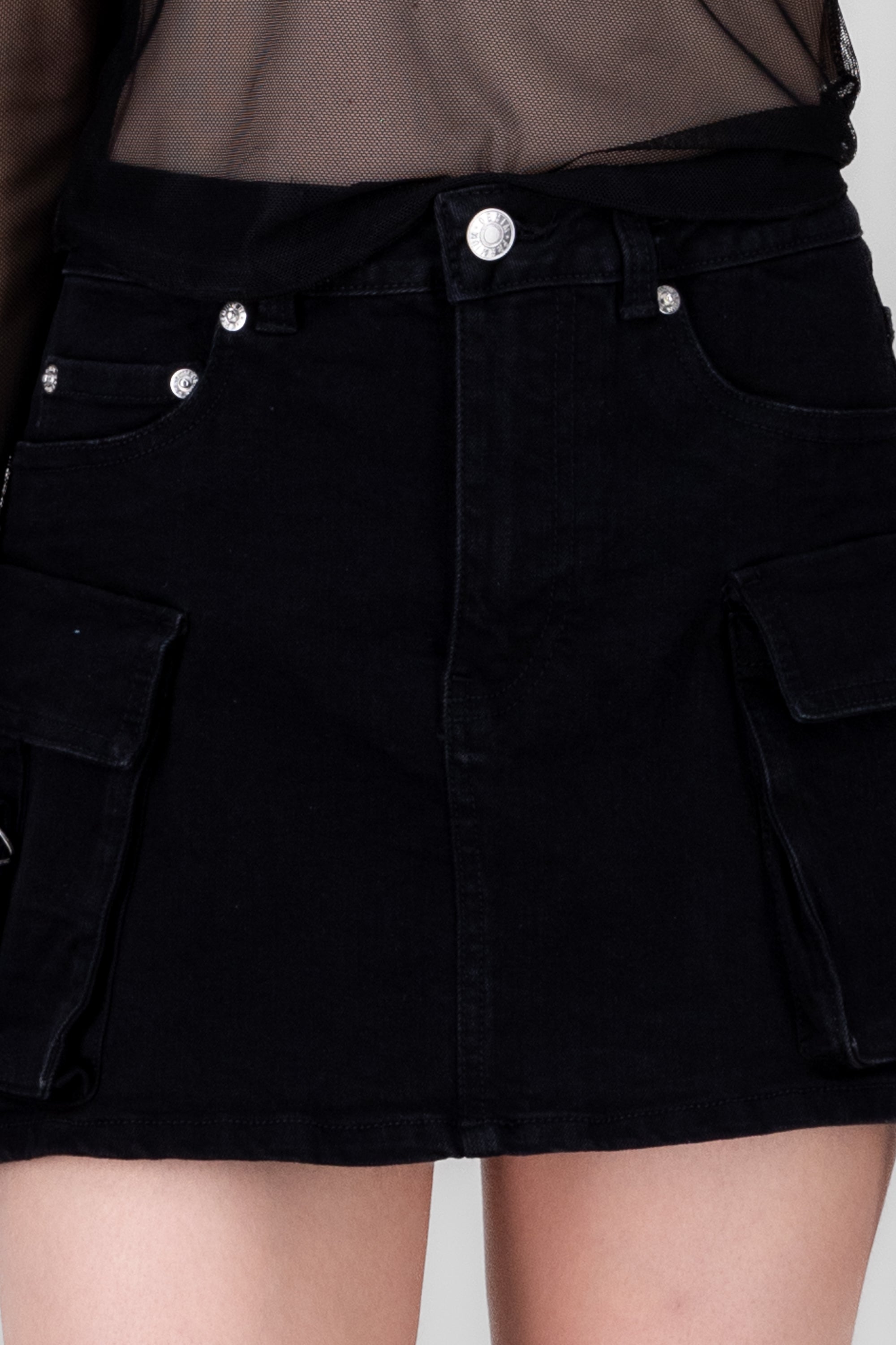 Cargo Denim Skirt With Straps Detail BLACK