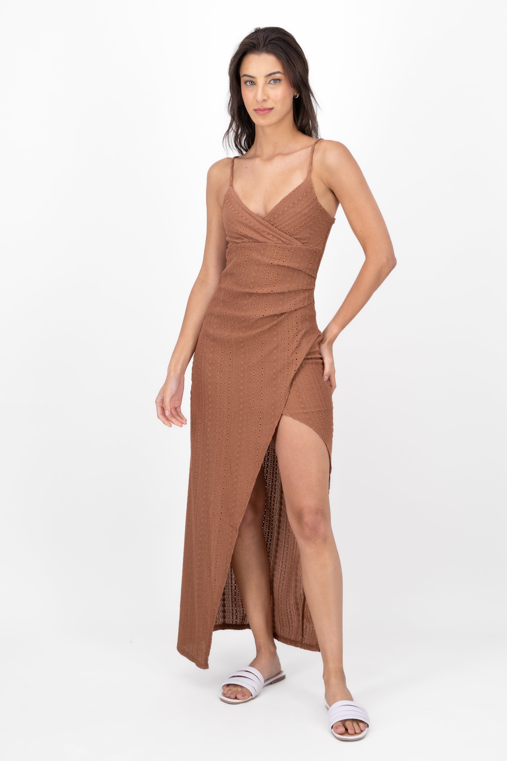 Textured SideSplit Maxi Wrap Dress BROWN