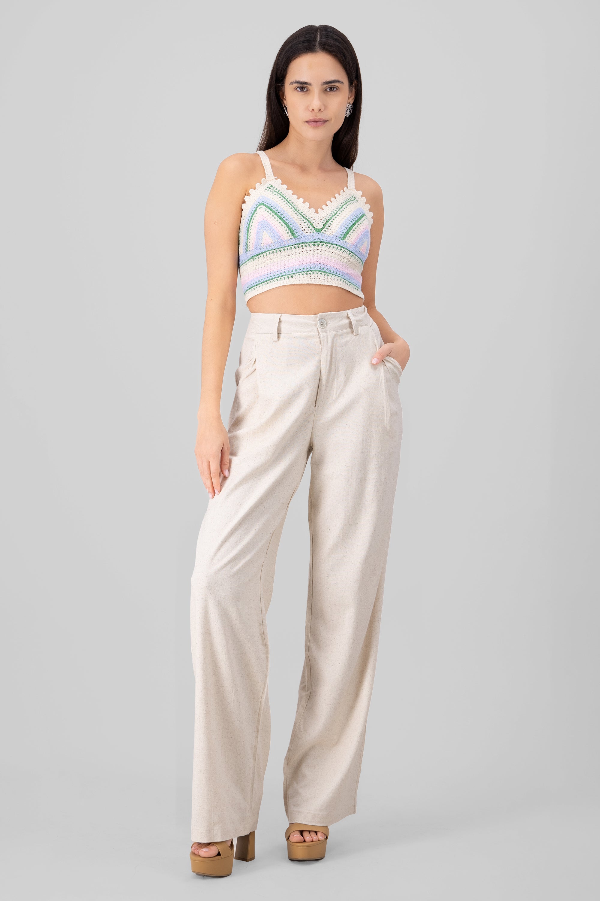 High Waisted Linen Pants with Pockets SAND