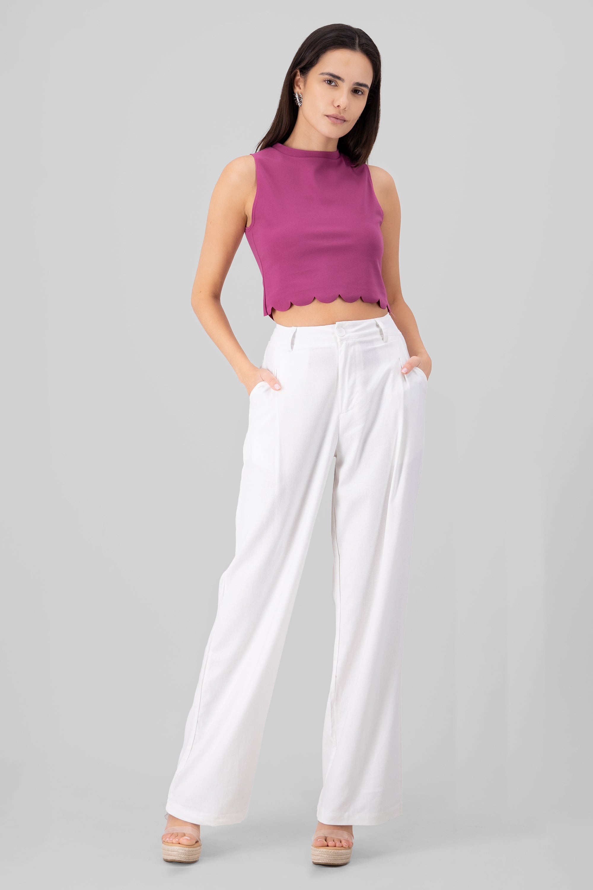 High Waisted Linen Pants with Pockets WHITE