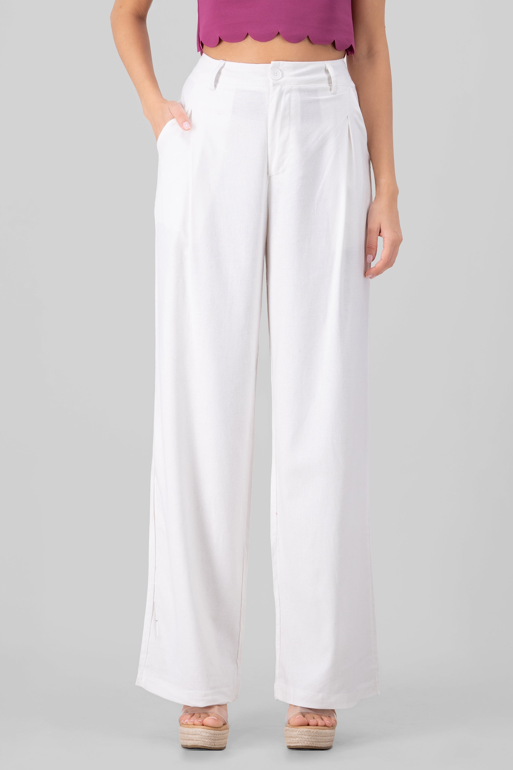 High Waisted Linen Pants with Pockets WHITE