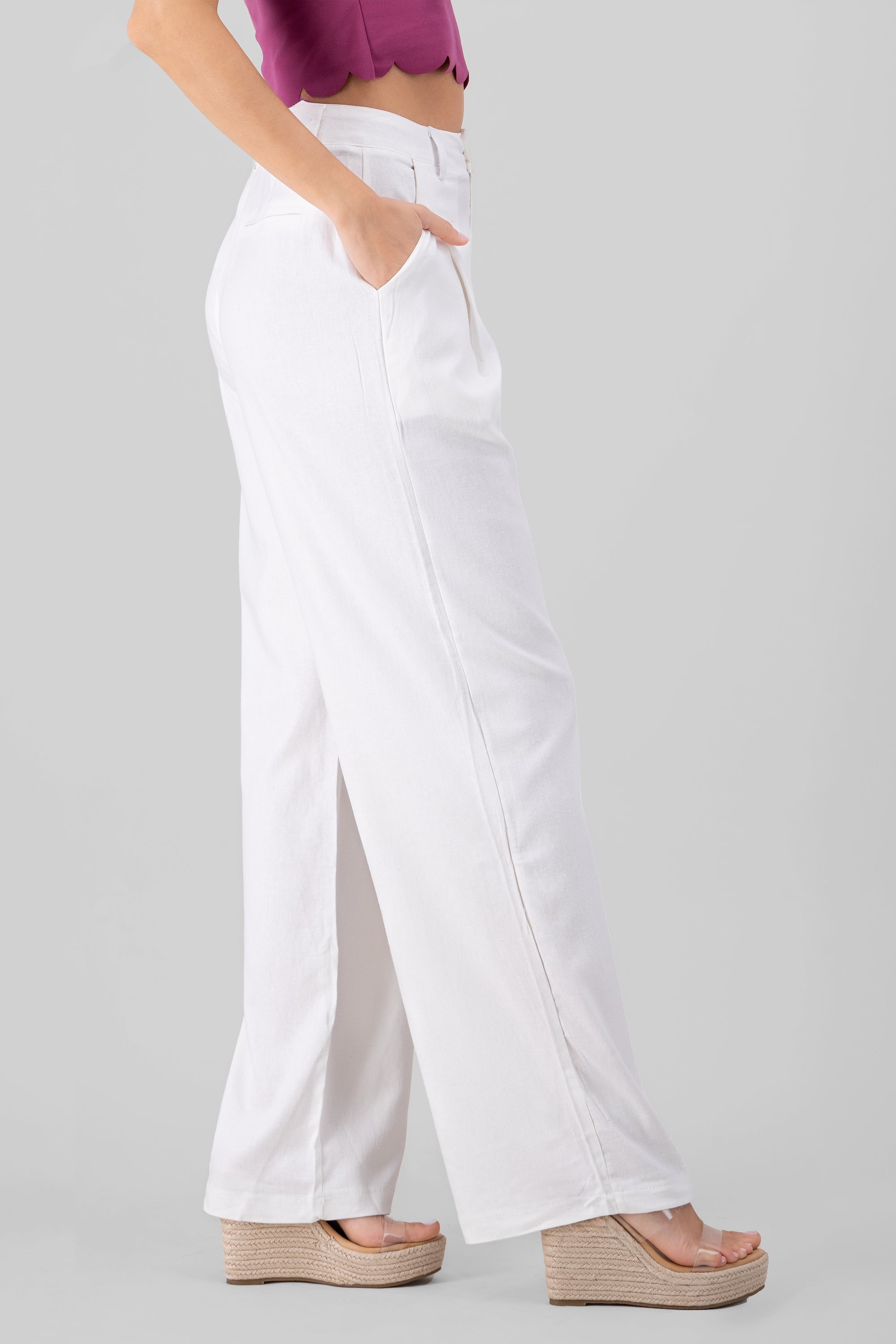 High Waisted Linen Pants with Pockets WHITE