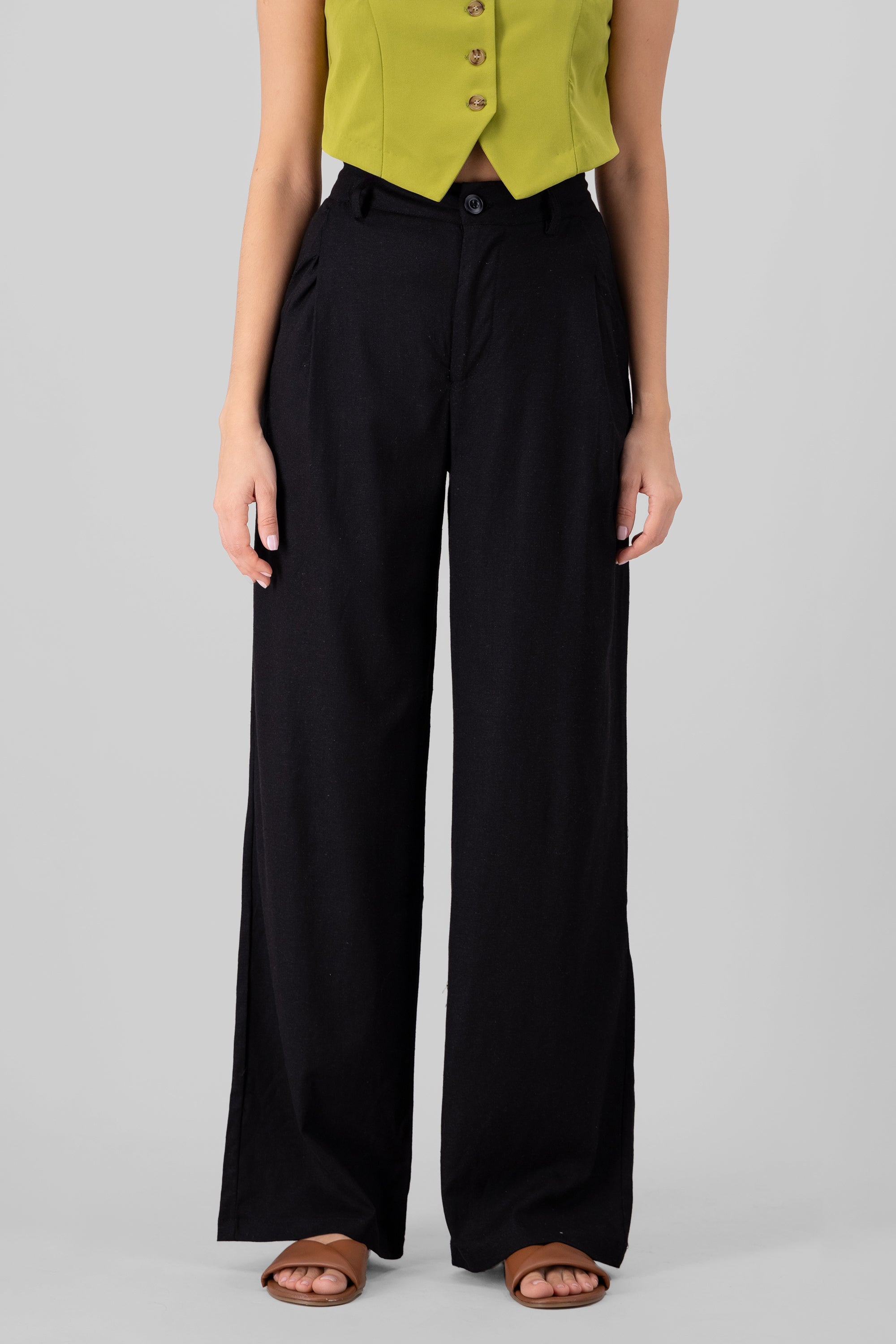 High Waisted Linen Pants with Pockets BLACK