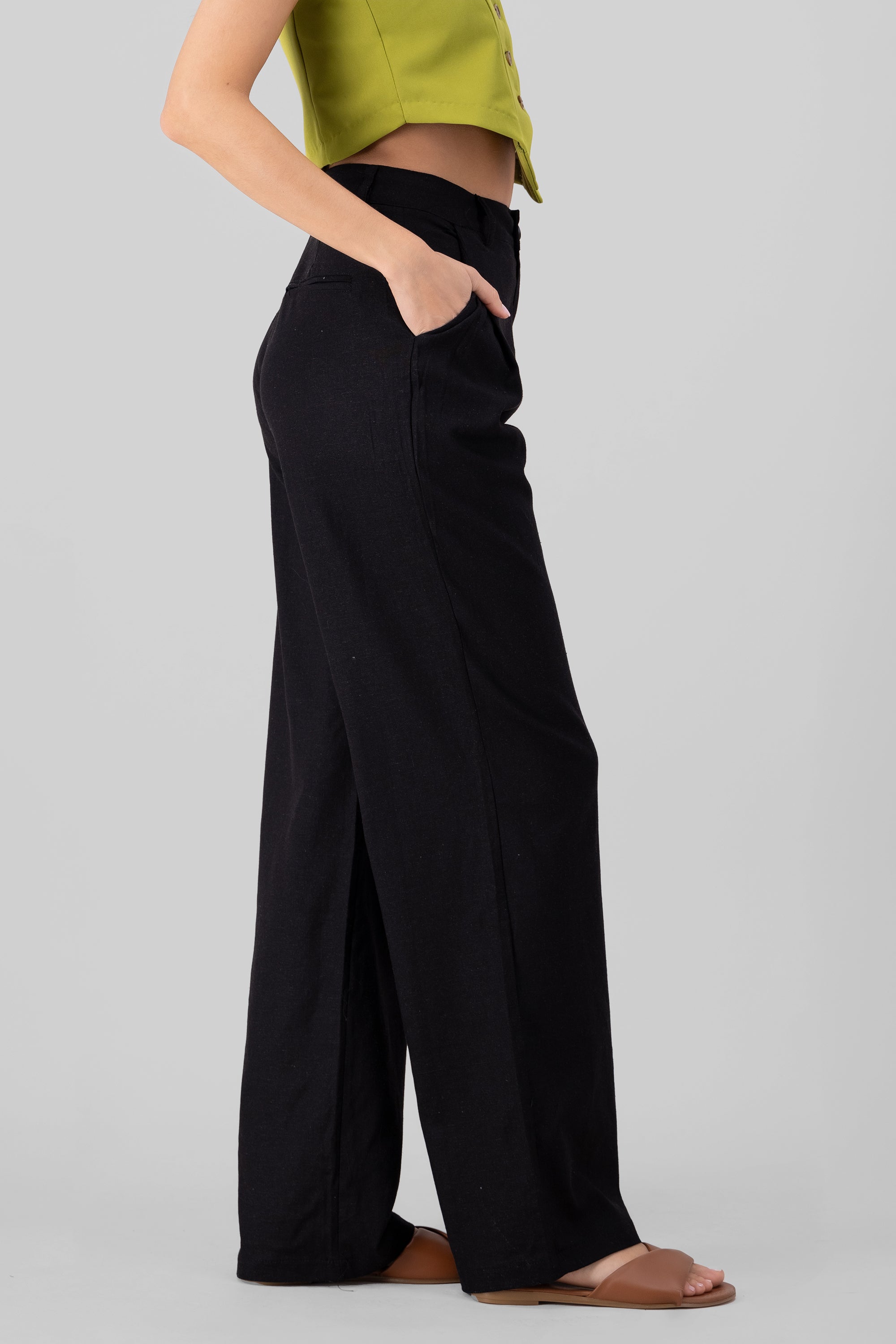 High Waisted Linen Pants with Pockets BLACK