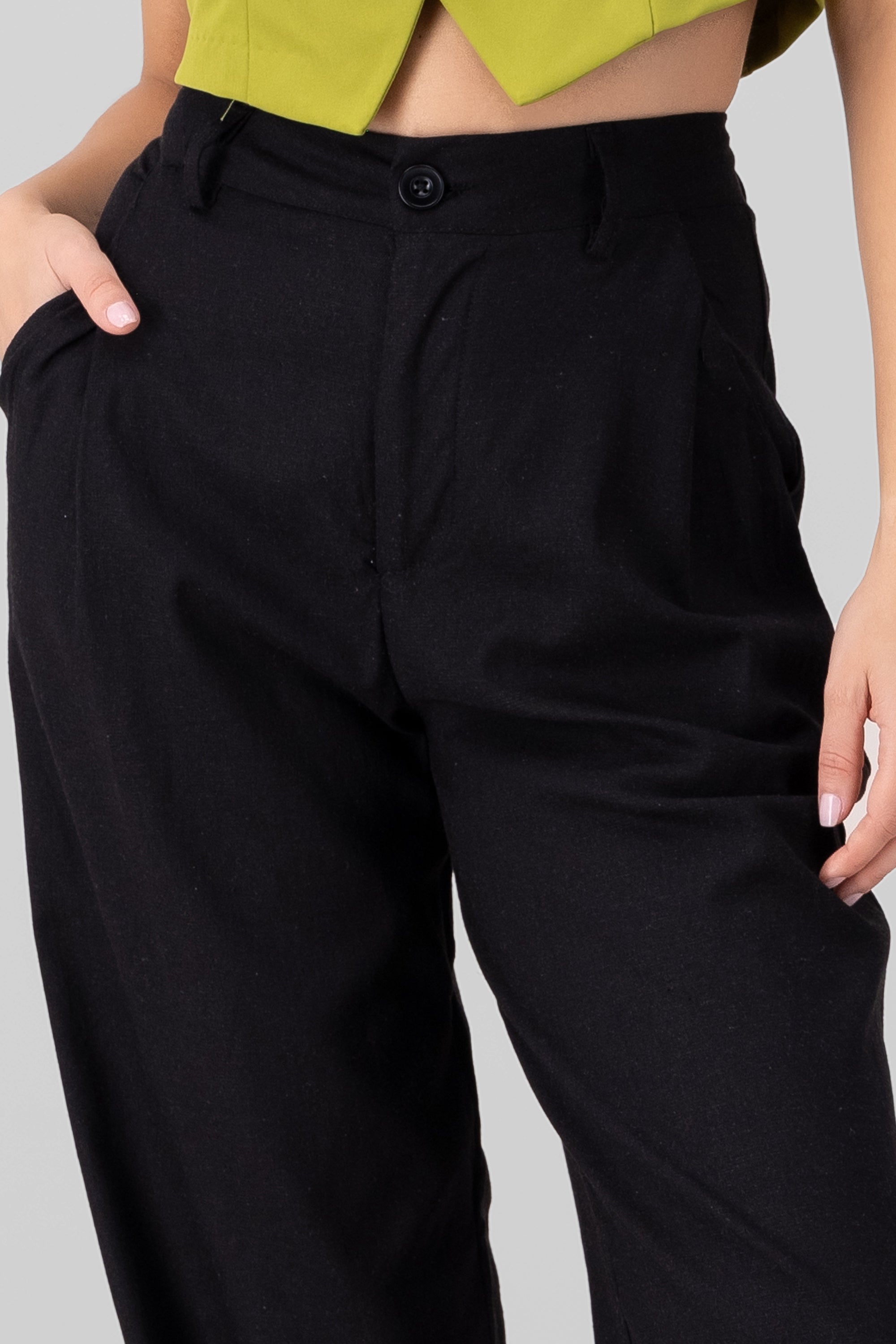 High Waisted Linen Pants with Pockets BLACK