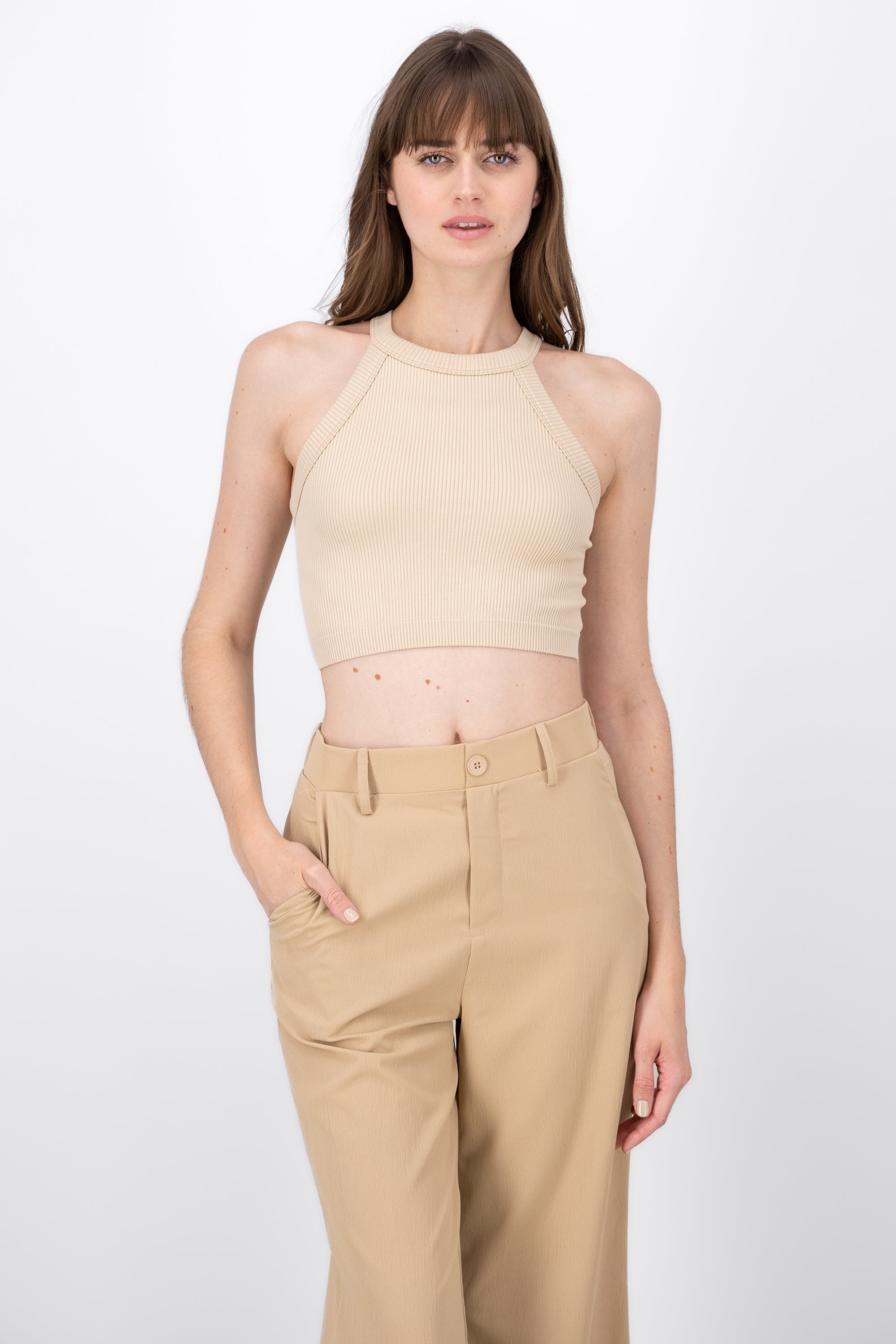 Seamless Ribbed Sleeveless Top KHAKI