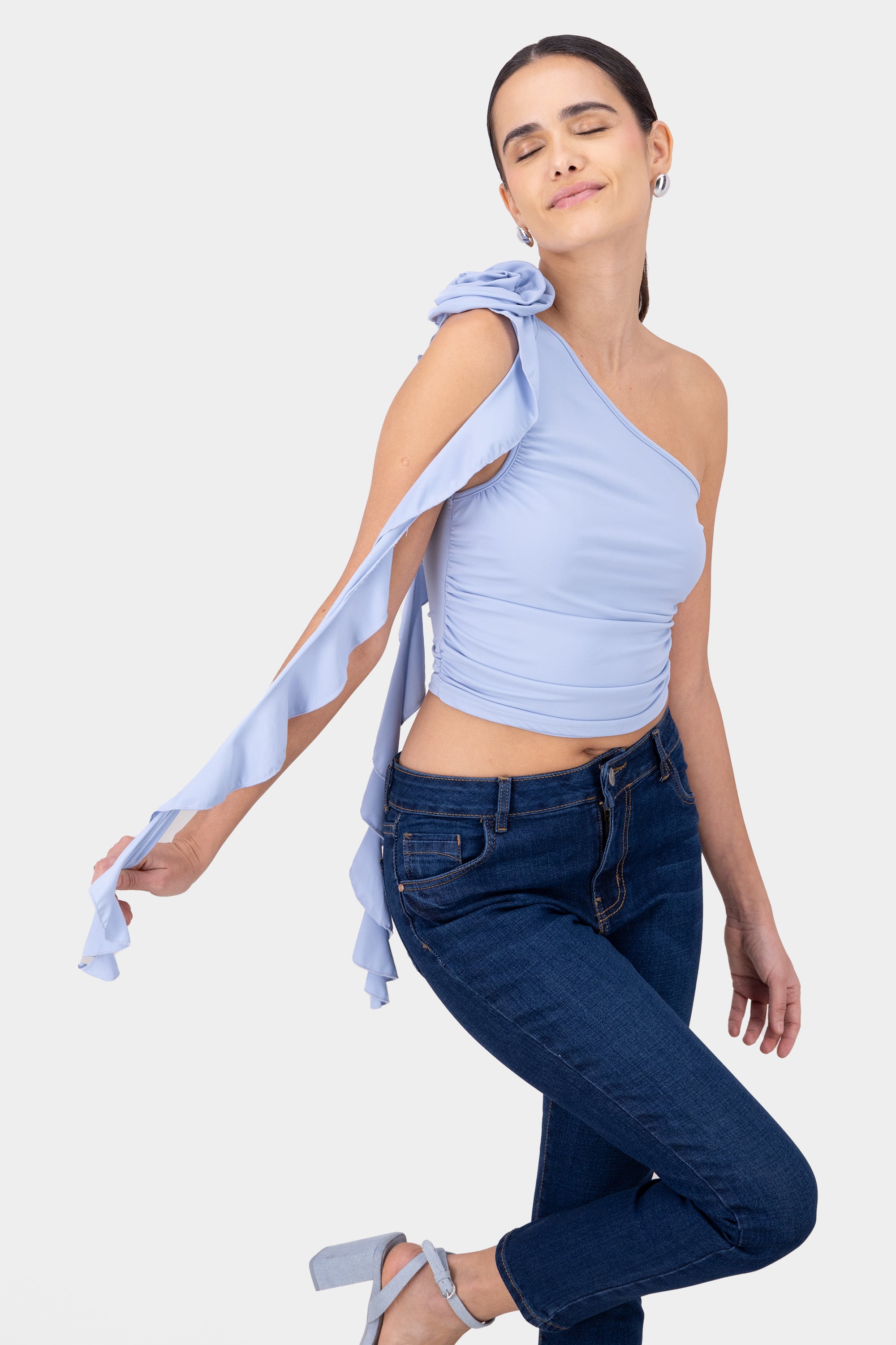 Off Shoulder Bow Detail Top PASTEL BLUE