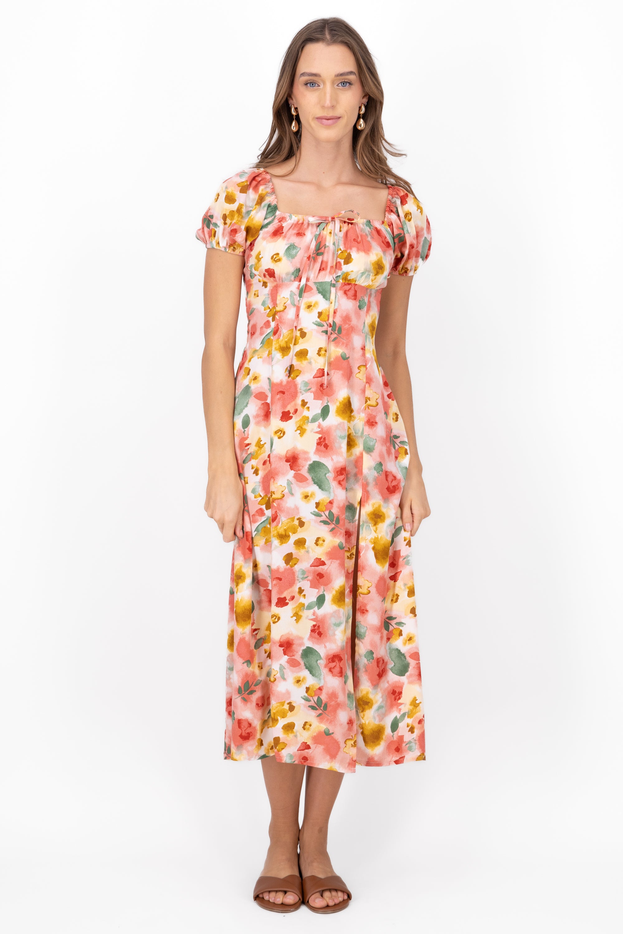 Floral Print Short Puff Sleeve Maxi Dress PINK COMBO