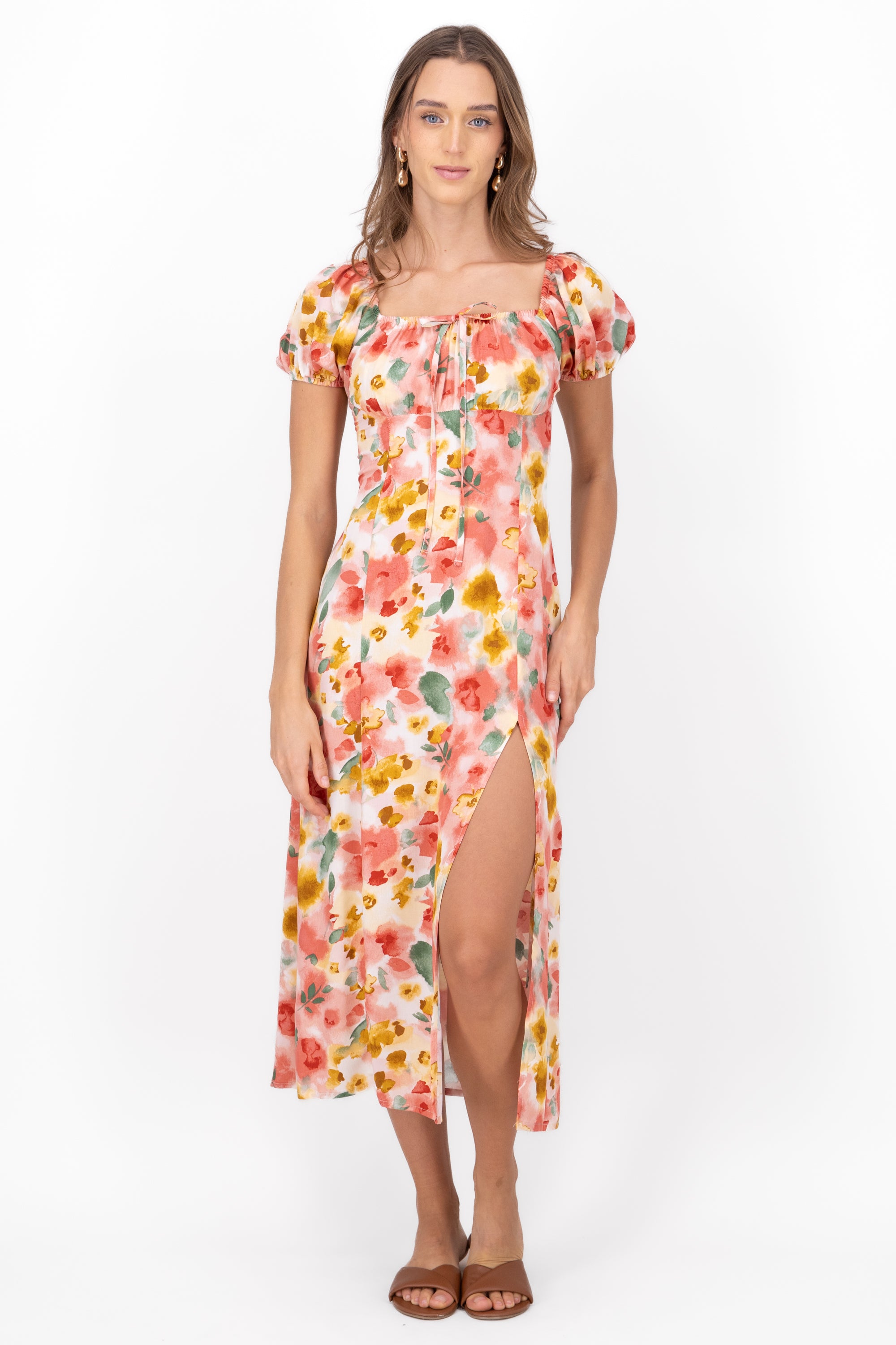 Floral Print Short Puff Sleeve Maxi Dress PINK COMBO