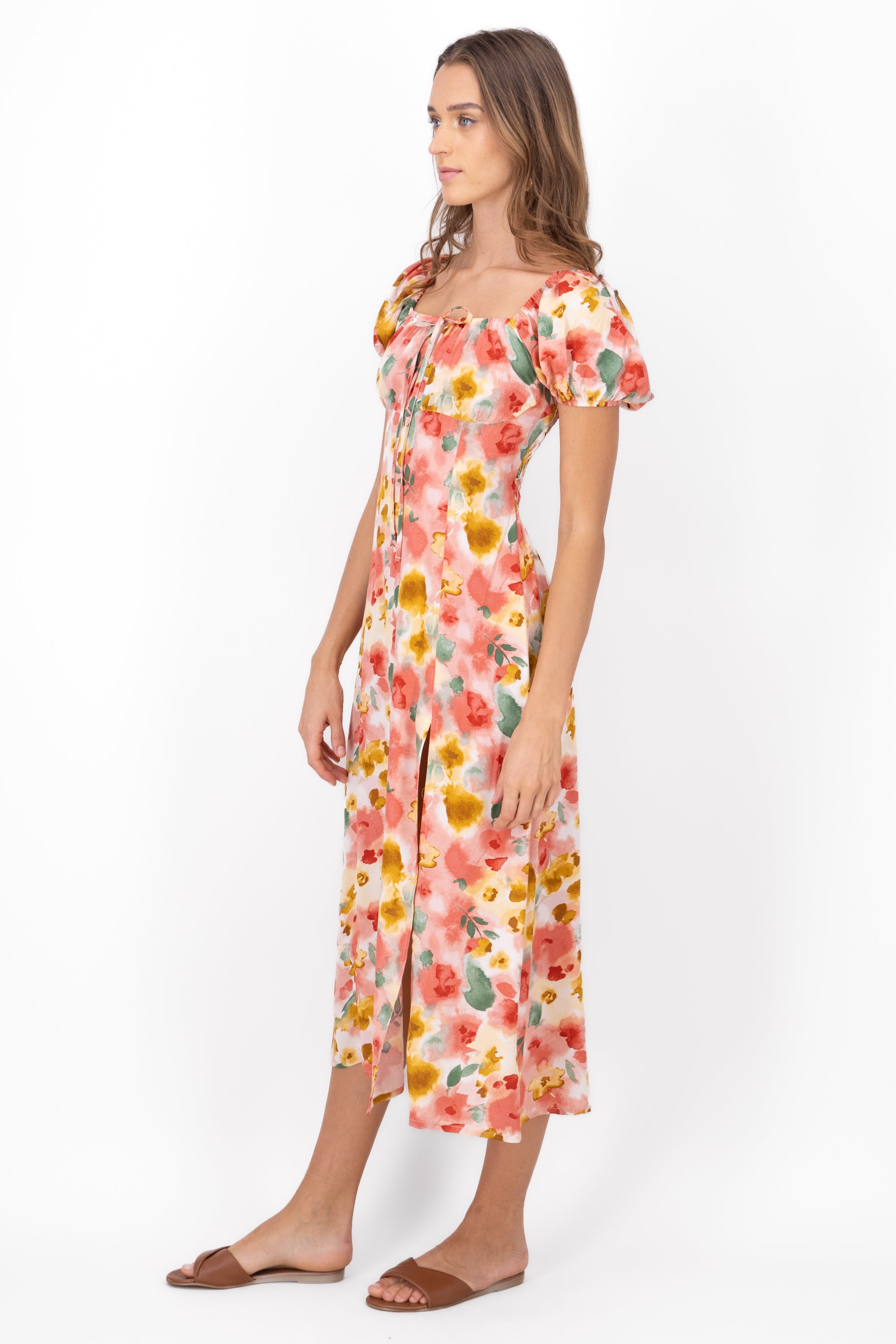 Floral Print Short Puff Sleeve Maxi Dress PINK COMBO