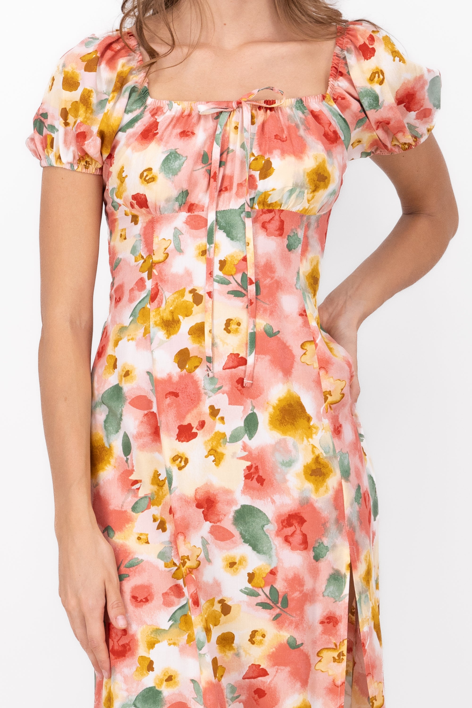 Floral Print Short Puff Sleeve Maxi Dress PINK COMBO