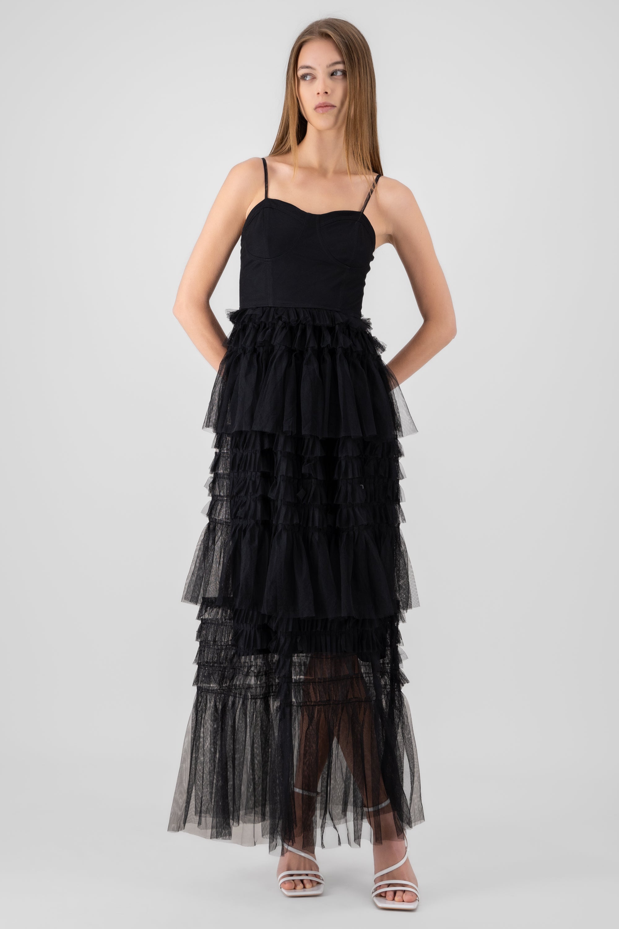 Corset Top Ruffle Mesh Dress BLACK