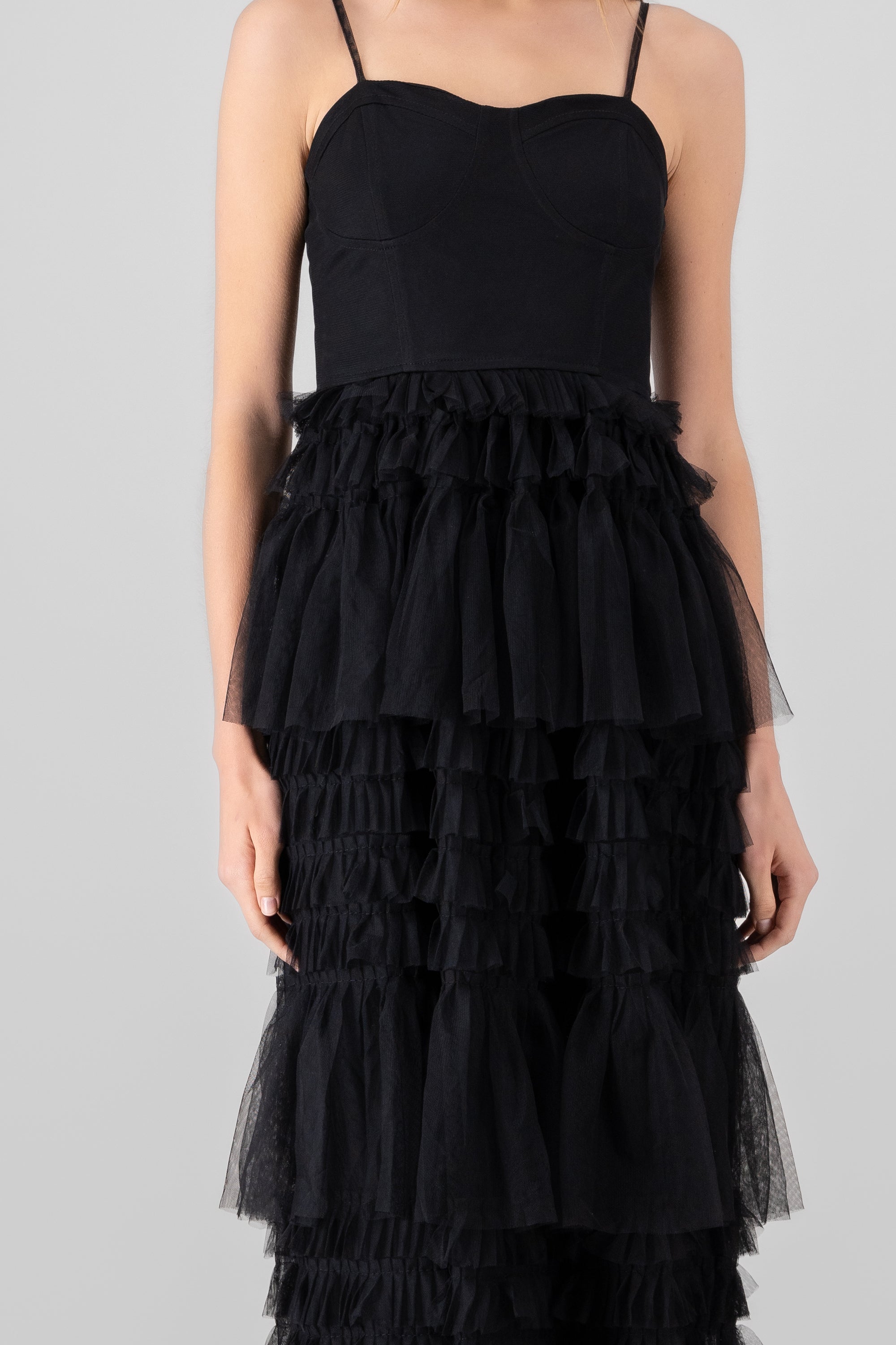 Corset Top Ruffle Mesh Dress BLACK