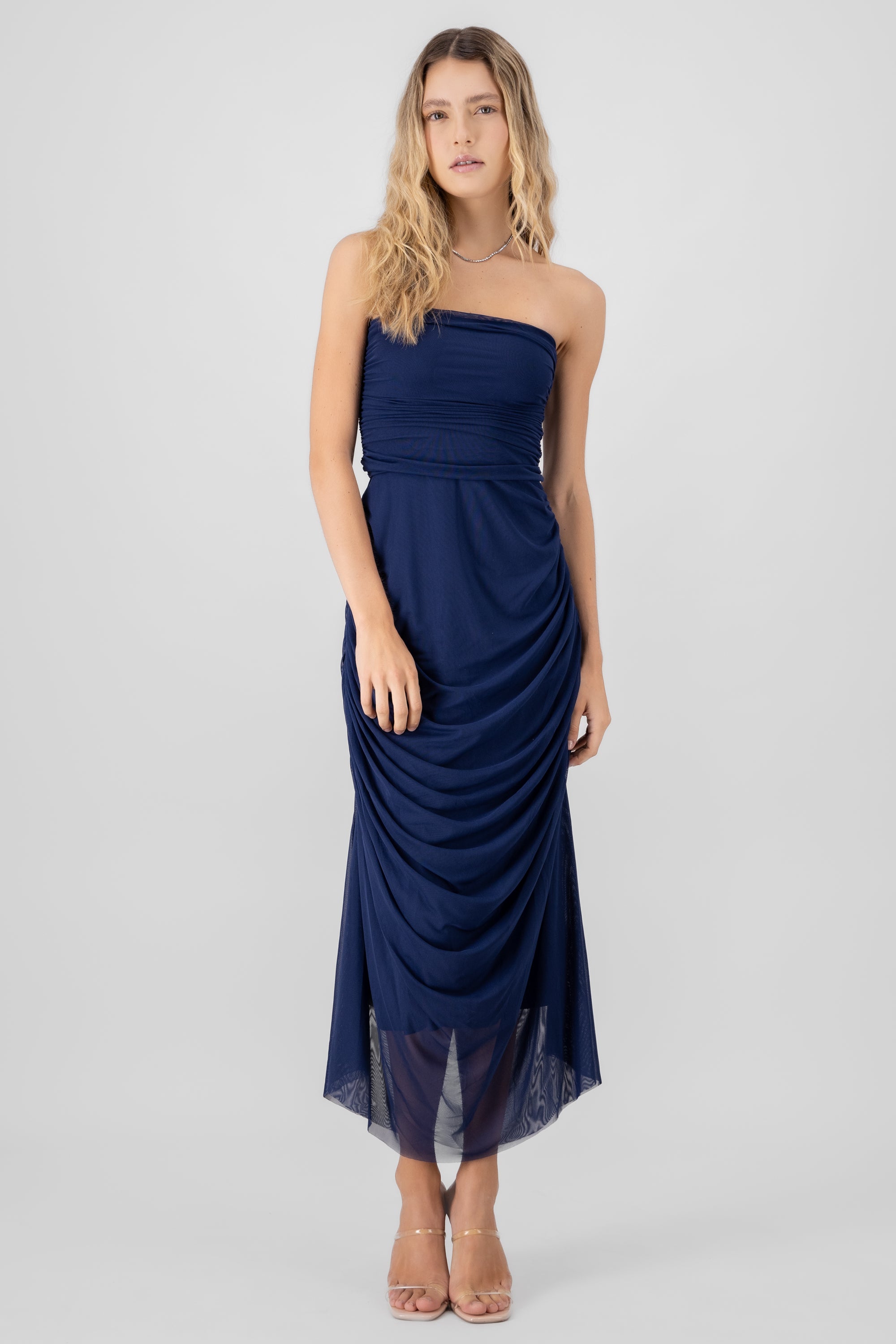 Plain Strapless Mesh Maxi Dress NAVY