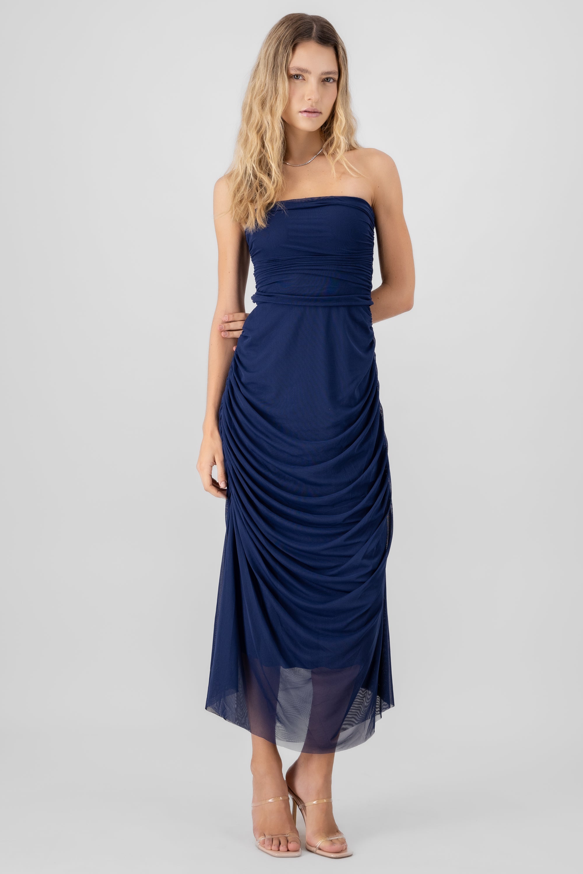 Plain Strapless Mesh Maxi Dress NAVY