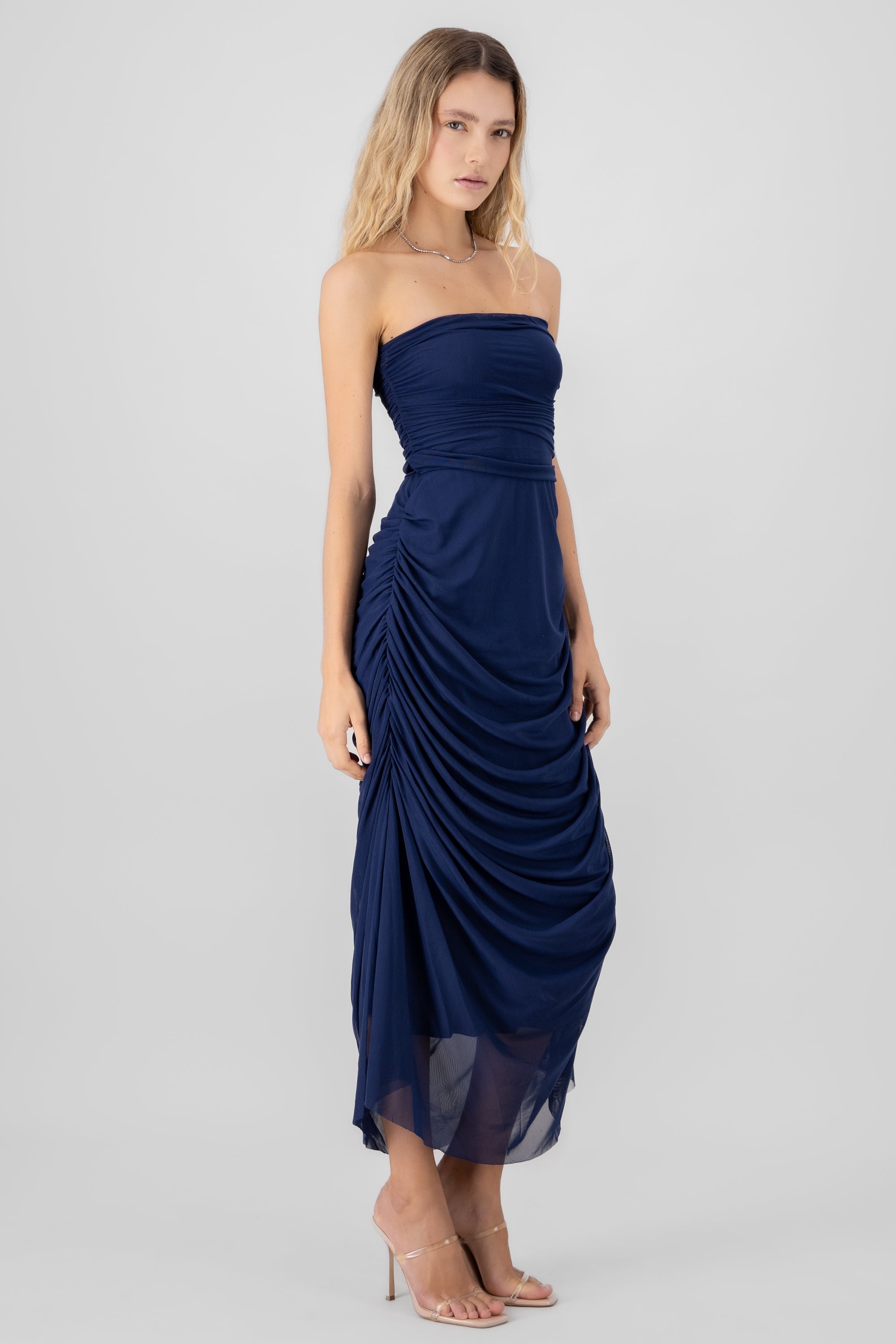 Plain Strapless Mesh Maxi Dress NAVY