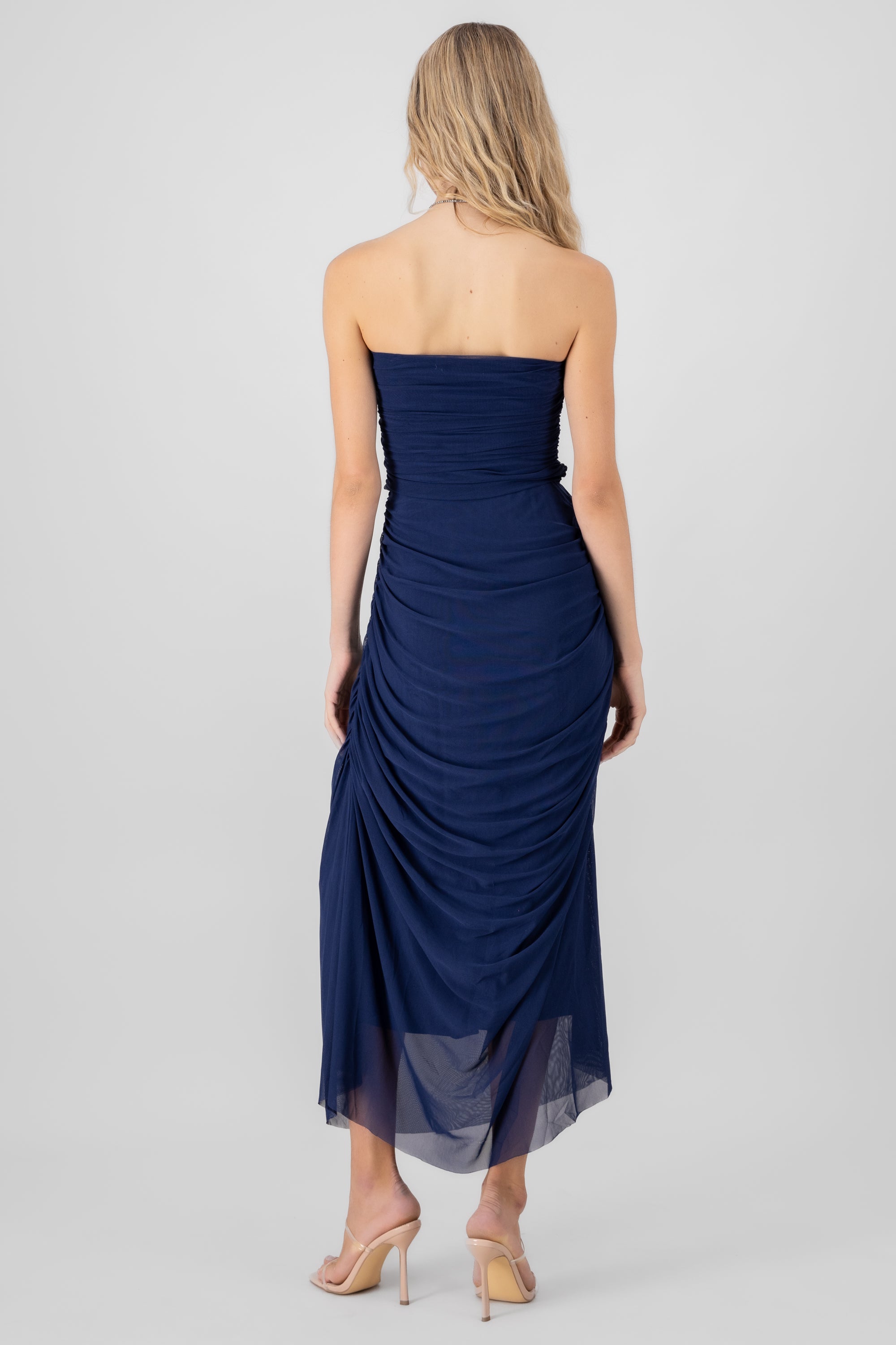 Plain Strapless Mesh Maxi Dress NAVY