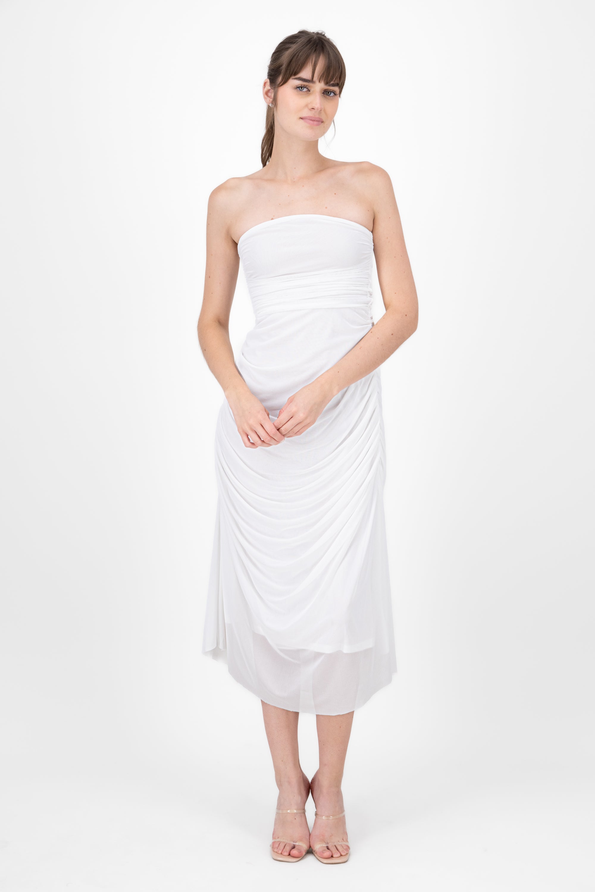 Plain Strapless Mesh Maxi Dress WHITE