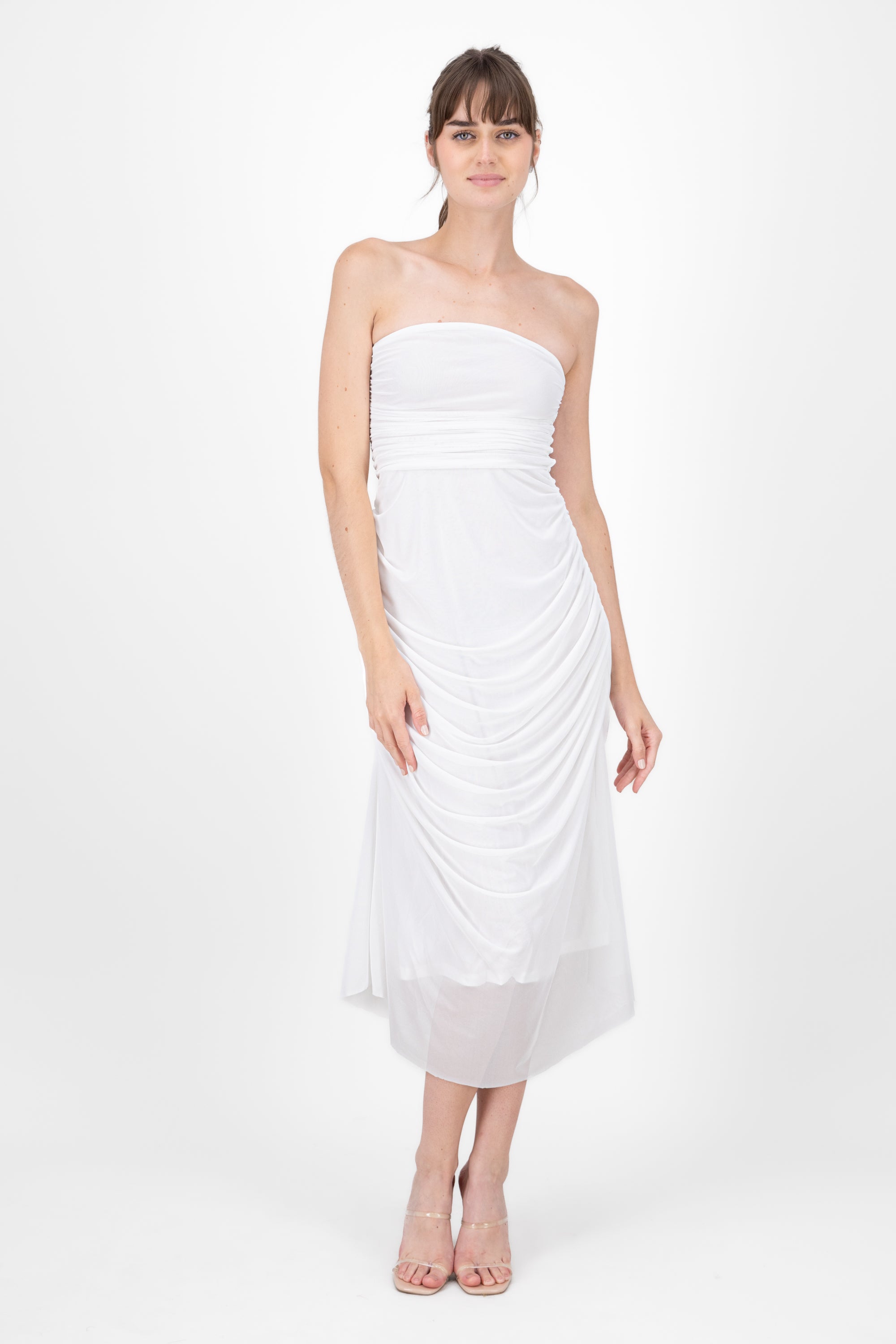 Plain Strapless Mesh Maxi Dress WHITE