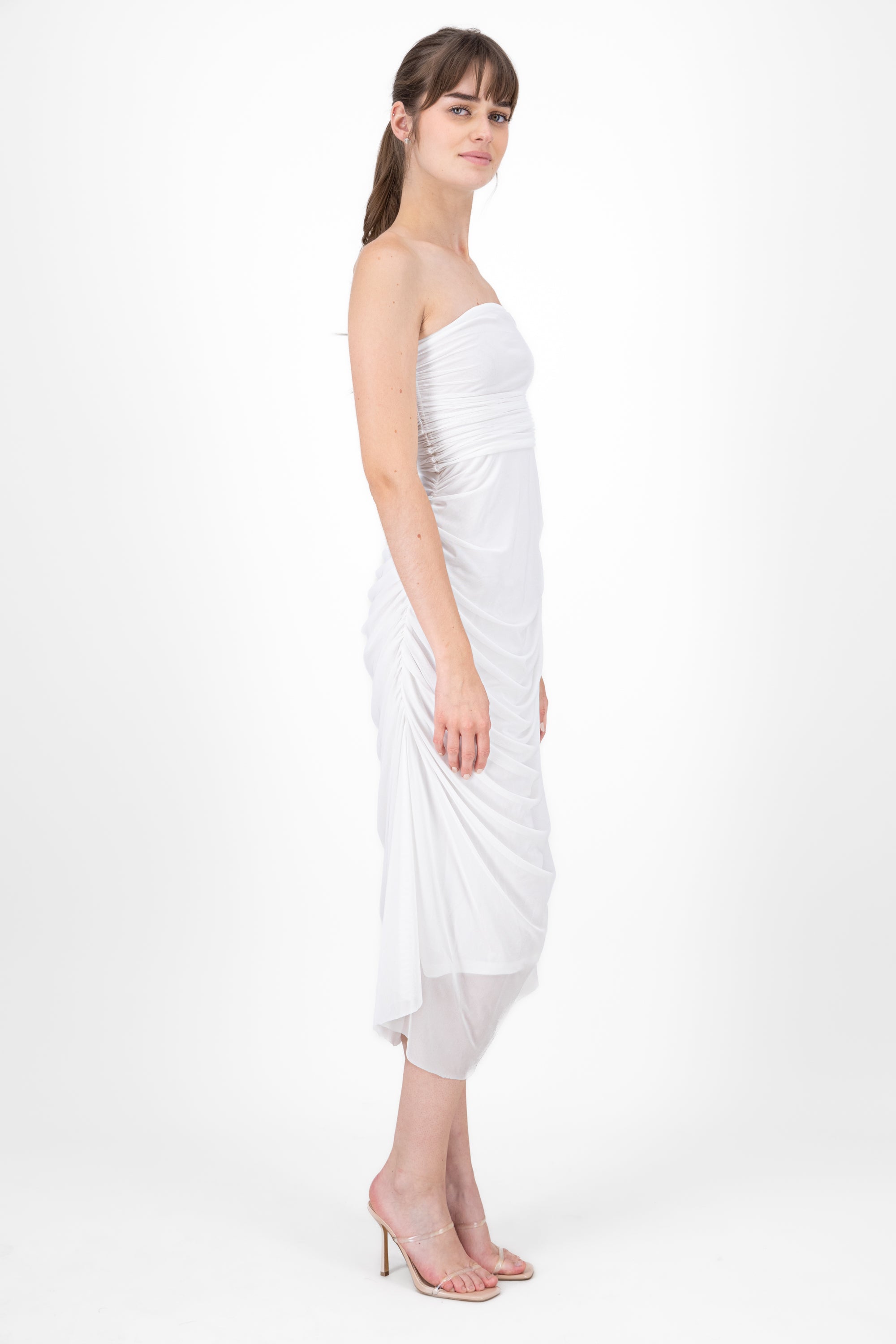 Plain Strapless Mesh Maxi Dress WHITE