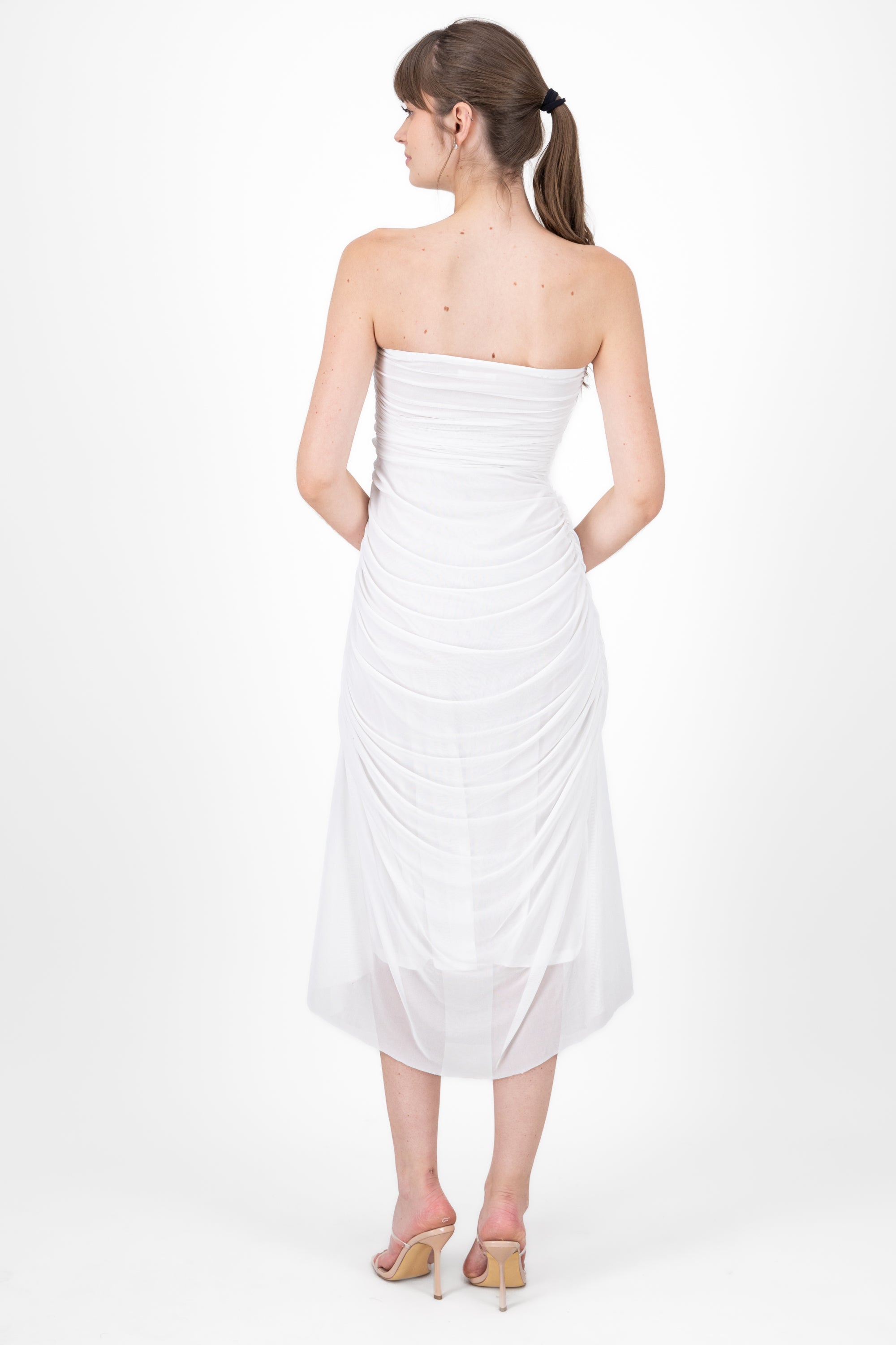 Plain Strapless Mesh Maxi Dress WHITE