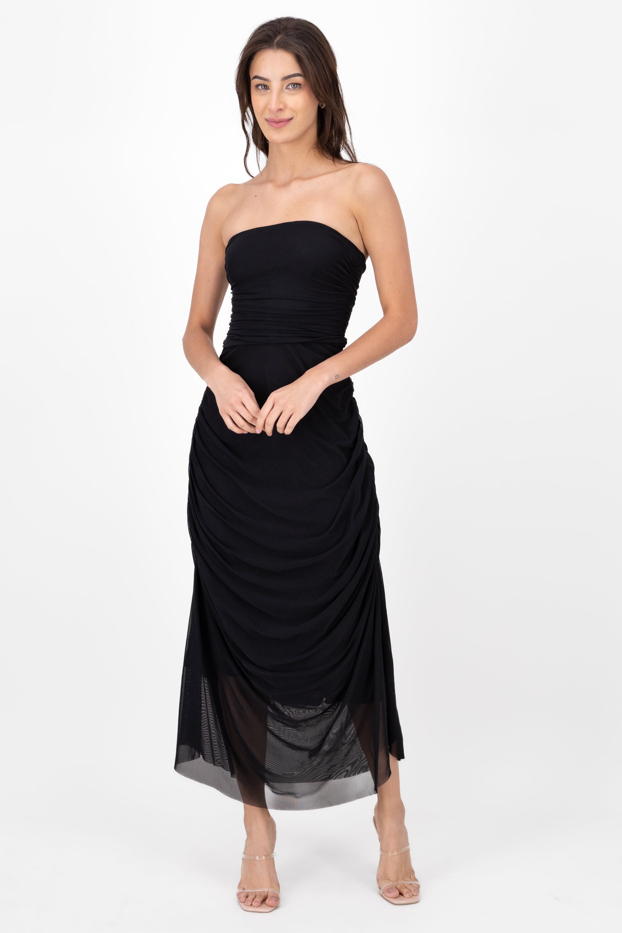 Plain Strapless Mesh Maxi Dress BLACK