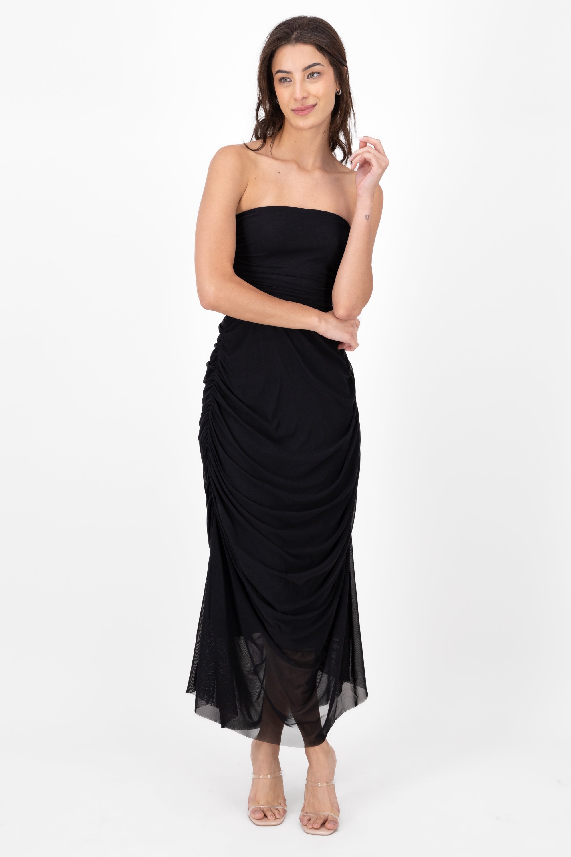 Plain Strapless Mesh Maxi Dress BLACK