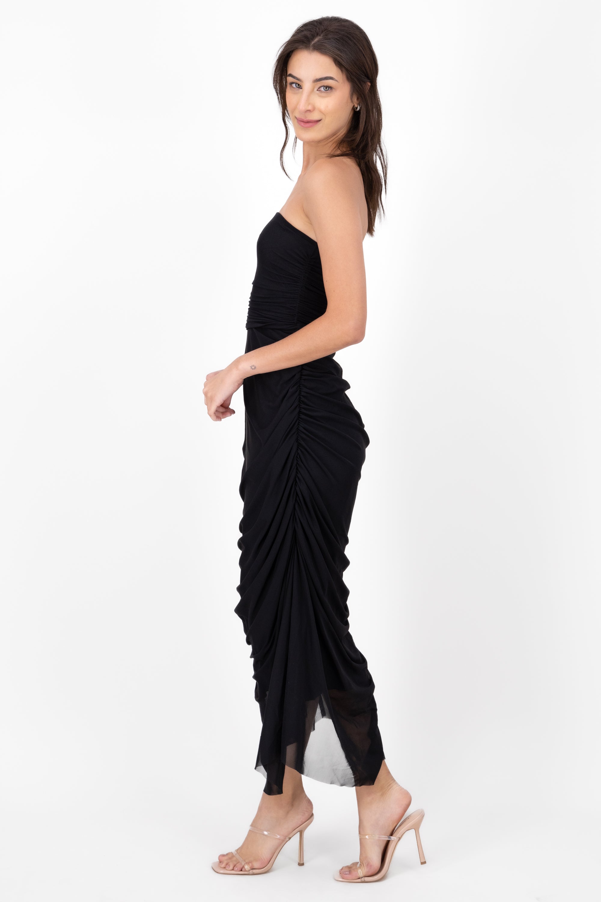 Plain Strapless Mesh Maxi Dress BLACK