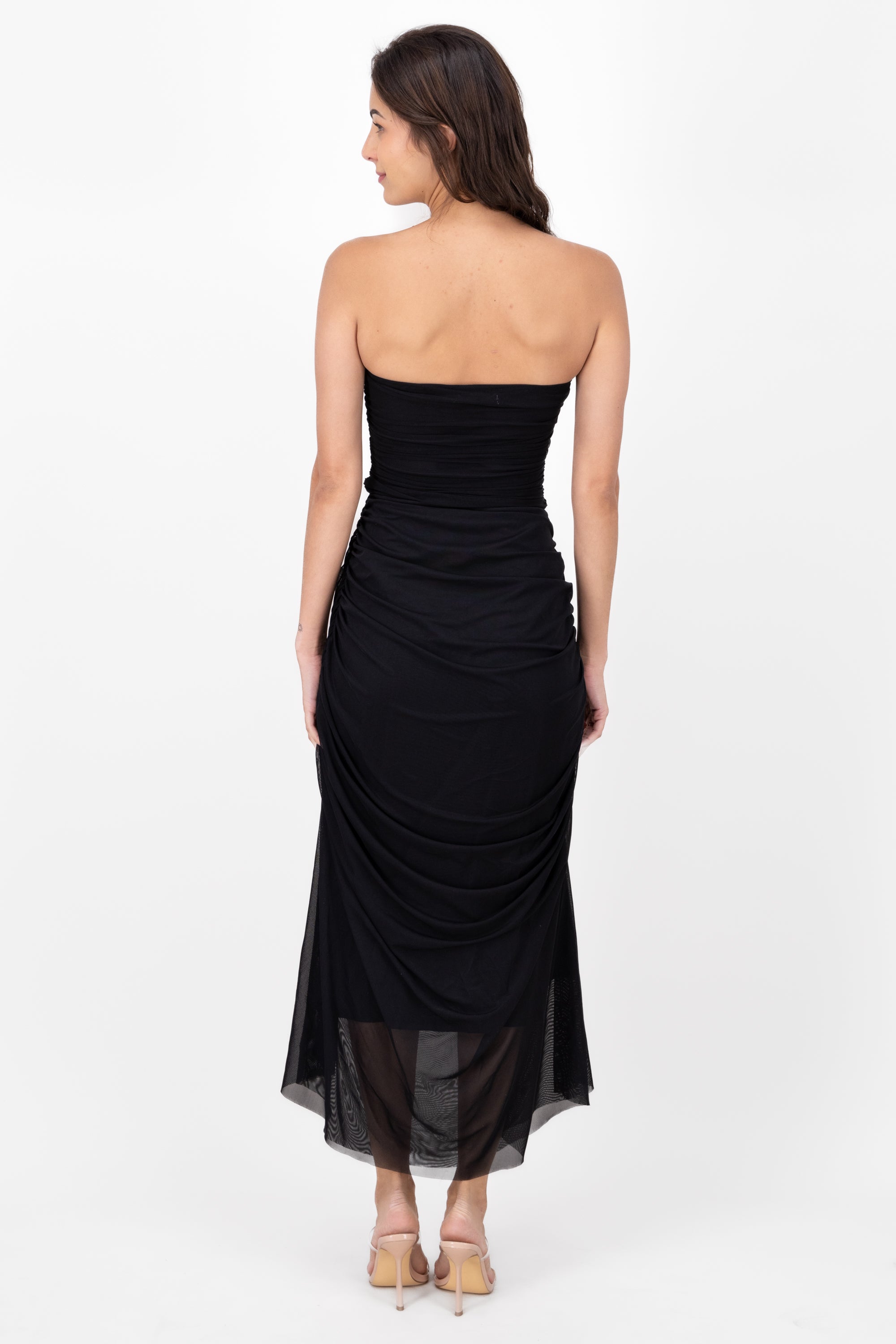 Plain Strapless Mesh Maxi Dress BLACK