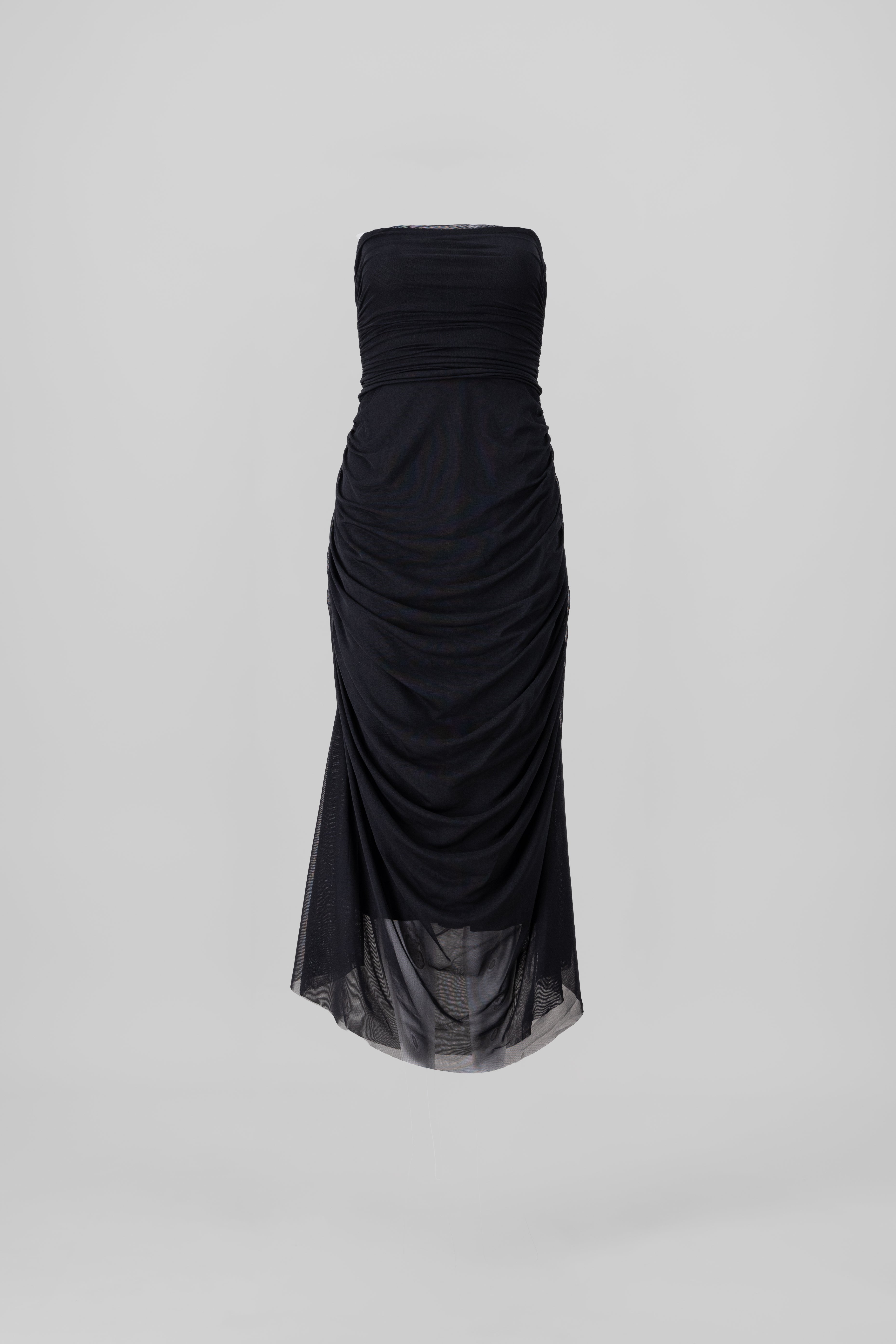 Plain Strapless Mesh Maxi Dress BLACK