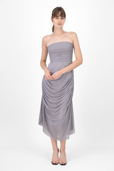 Plain Strapless Mesh Maxi Dress GRAY