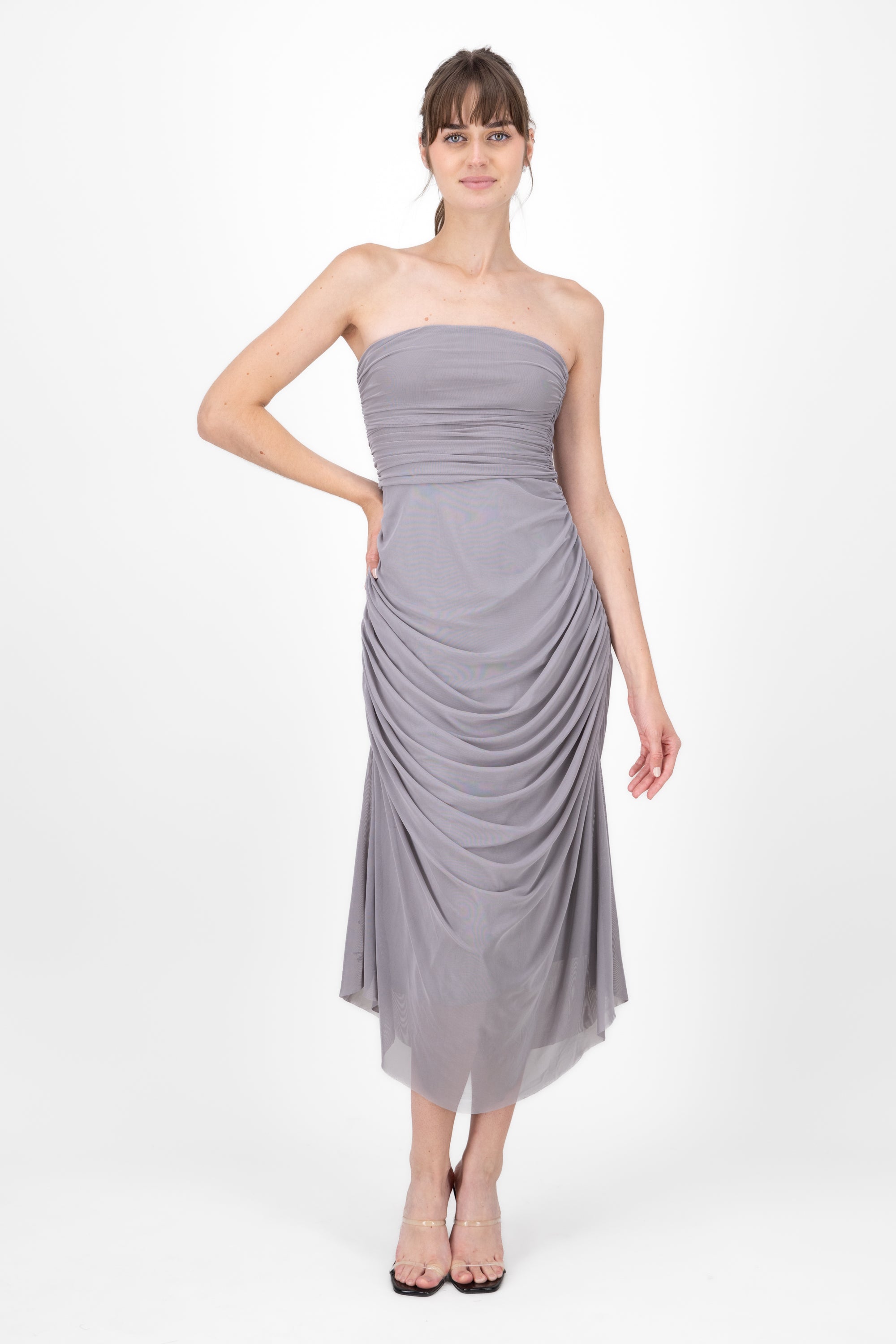 Plain Strapless Mesh Maxi Dress GRAY